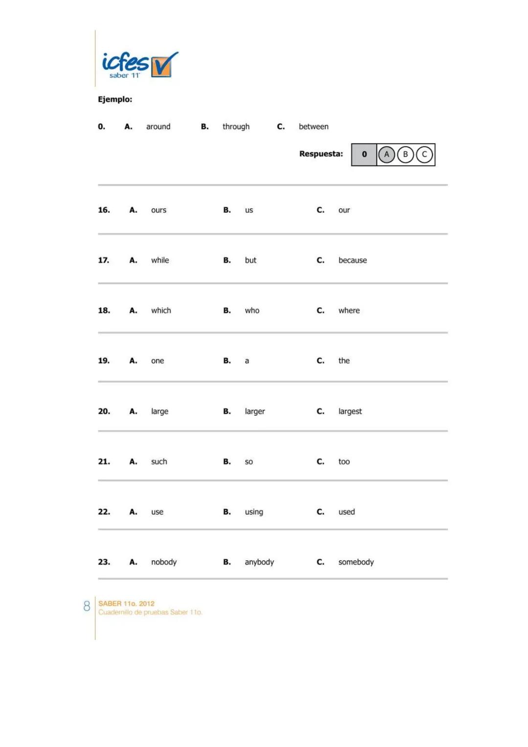 PARTE 2
icfes
saber 11
RESPONDA LAS PREGUNTAS 6 A 10 DE ACUERDO CON EL EJEMPLO
Lea las descripciones de la columna de la izquierda (6-10)))