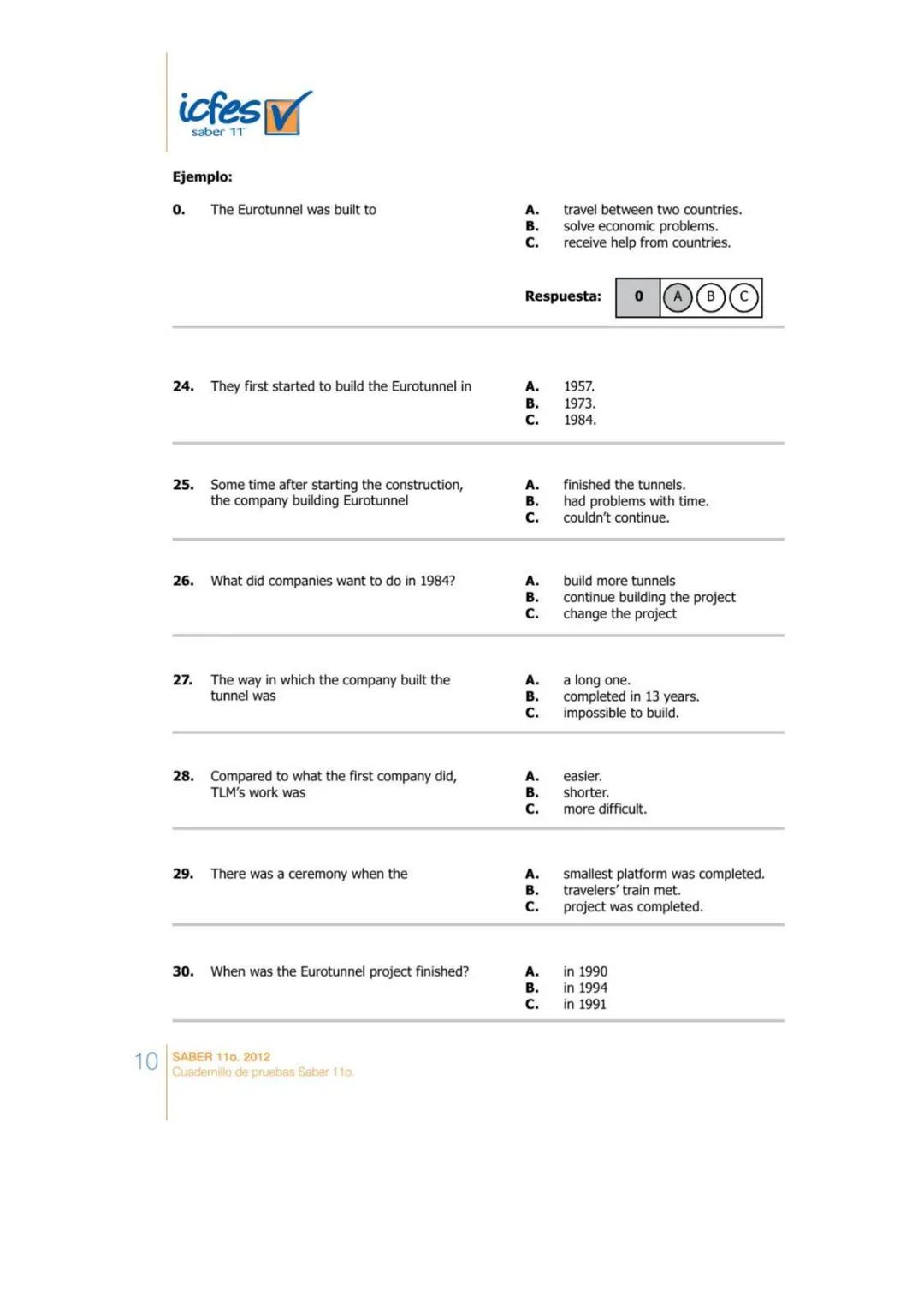 PARTE 2
icfes
saber 11
RESPONDA LAS PREGUNTAS 6 A 10 DE ACUERDO CON EL EJEMPLO
Lea las descripciones de la columna de la izquierda (6-10)))