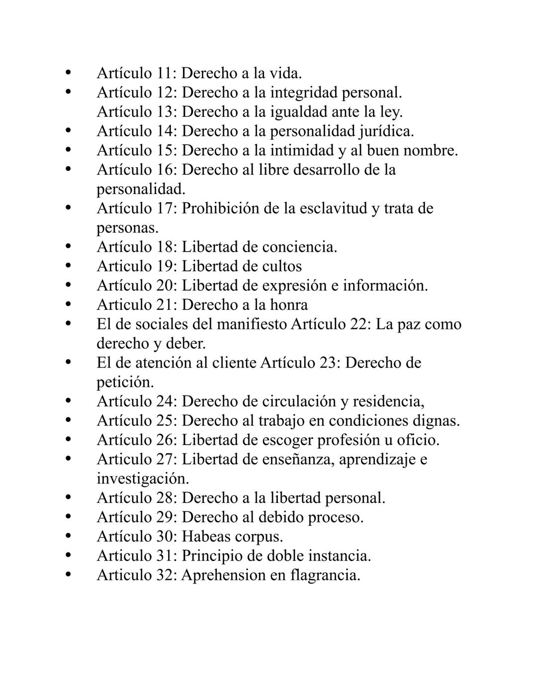 - Artículo 11: Derecho a la vida.
- Artículo 12: Derecho a la integridad personal.
- Artículo 13: Derecho a la igualdad ante la ley.
- Artíc