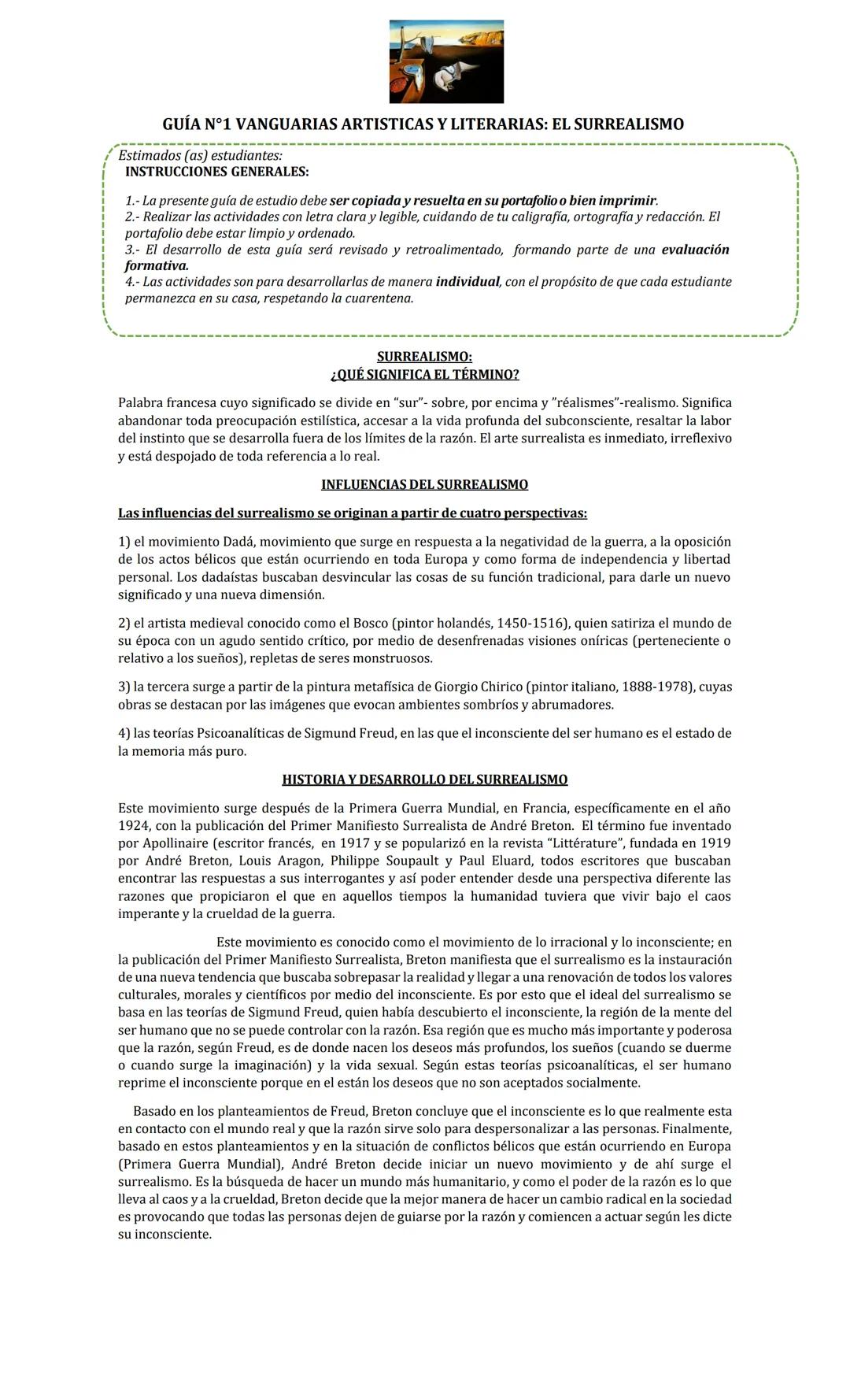 # GUÍA Nº1 VANGUARIAS ARTISTICAS Y LITERARIAS: EL SURREALISMO
Estimados (as) estudiantes:
INSTRUCCIONES GENERALES:
1.- La presente guía d
