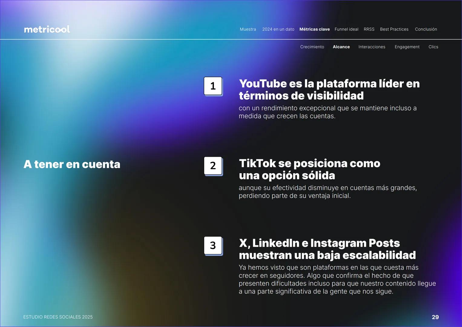 Estudio
REDES
SOCIALES
2025
metriccool metricool
¡Hola!
Somos
Metricool.
La herramienta que te ayuda a
planificar, publicar y medir tu
cont