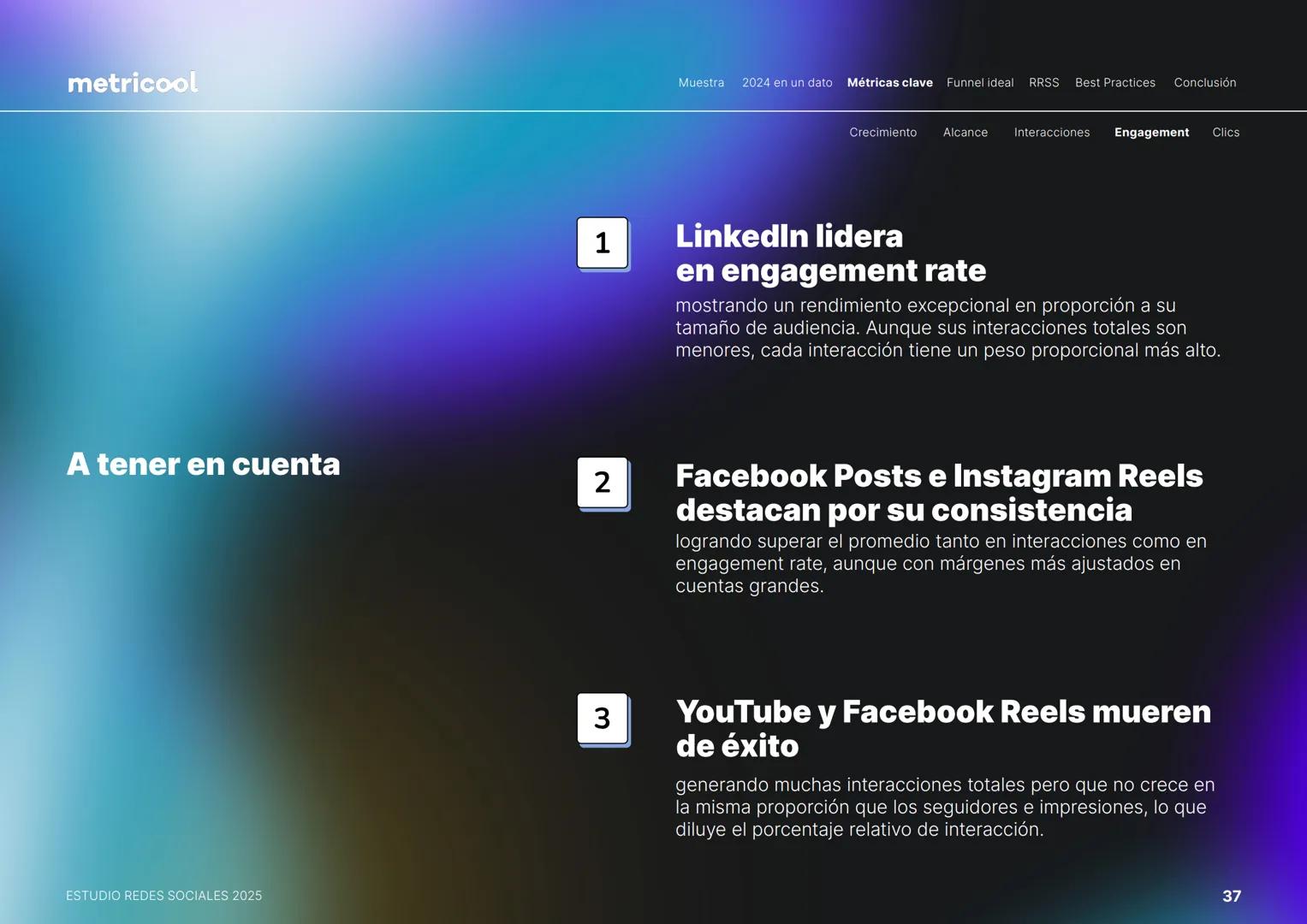 Estudio
REDES
SOCIALES
2025
metriccool metricool
¡Hola!
Somos
Metricool.
La herramienta que te ayuda a
planificar, publicar y medir tu
cont