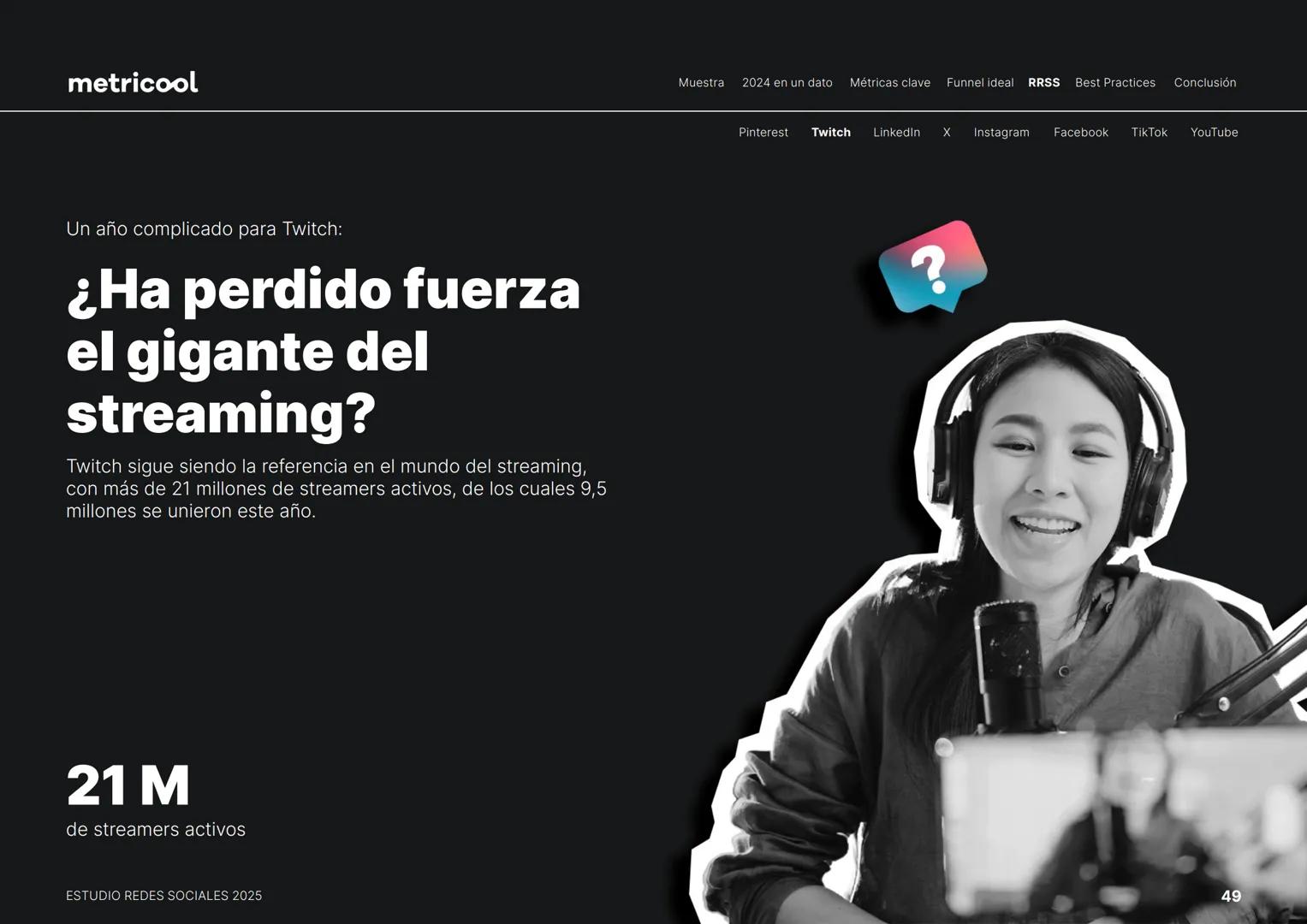 Estudio
REDES
SOCIALES
2025
metriccool metricool
¡Hola!
Somos
Metricool.
La herramienta que te ayuda a
planificar, publicar y medir tu
cont