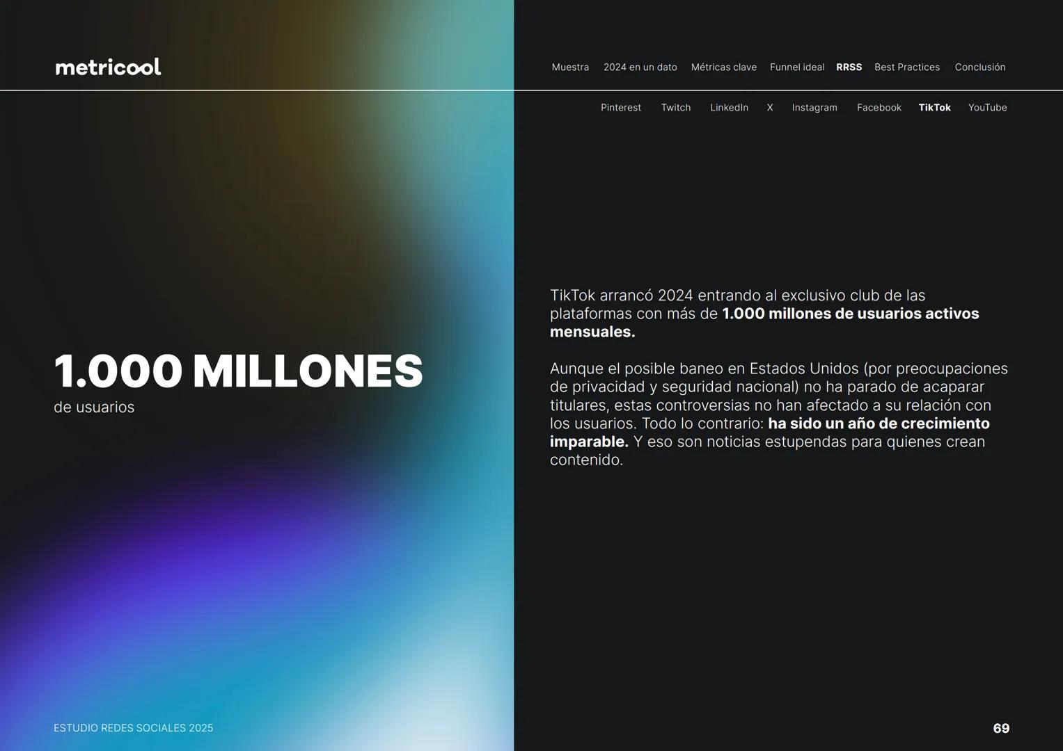 Estudio
REDES
SOCIALES
2025
metriccool metricool
¡Hola!
Somos
Metricool.
La herramienta que te ayuda a
planificar, publicar y medir tu
cont