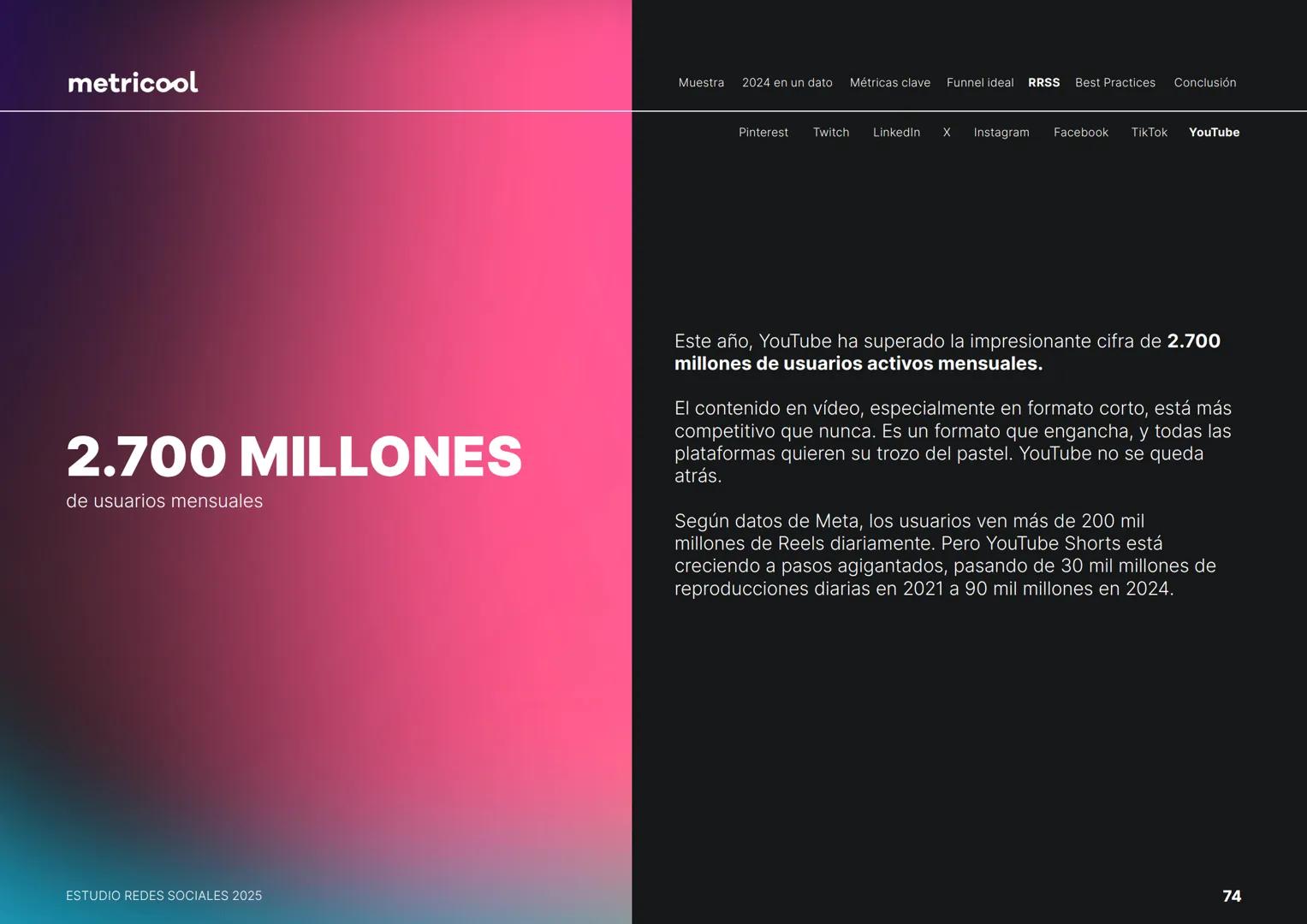 Estudio
REDES
SOCIALES
2025
metriccool metricool
¡Hola!
Somos
Metricool.
La herramienta que te ayuda a
planificar, publicar y medir tu
cont