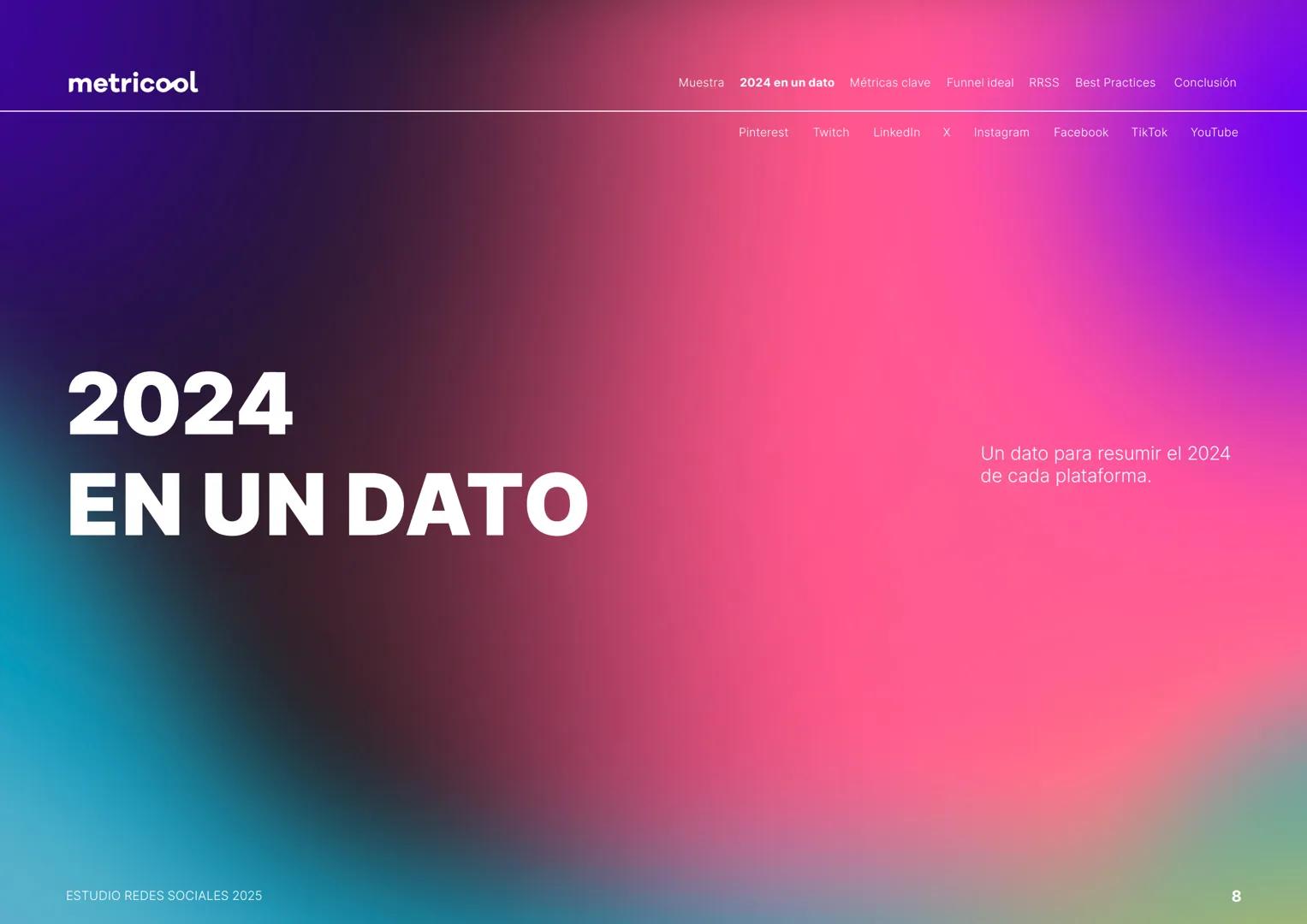 Estudio
REDES
SOCIALES
2025
metriccool metricool
¡Hola!
Somos
Metricool.
La herramienta que te ayuda a
planificar, publicar y medir tu
cont