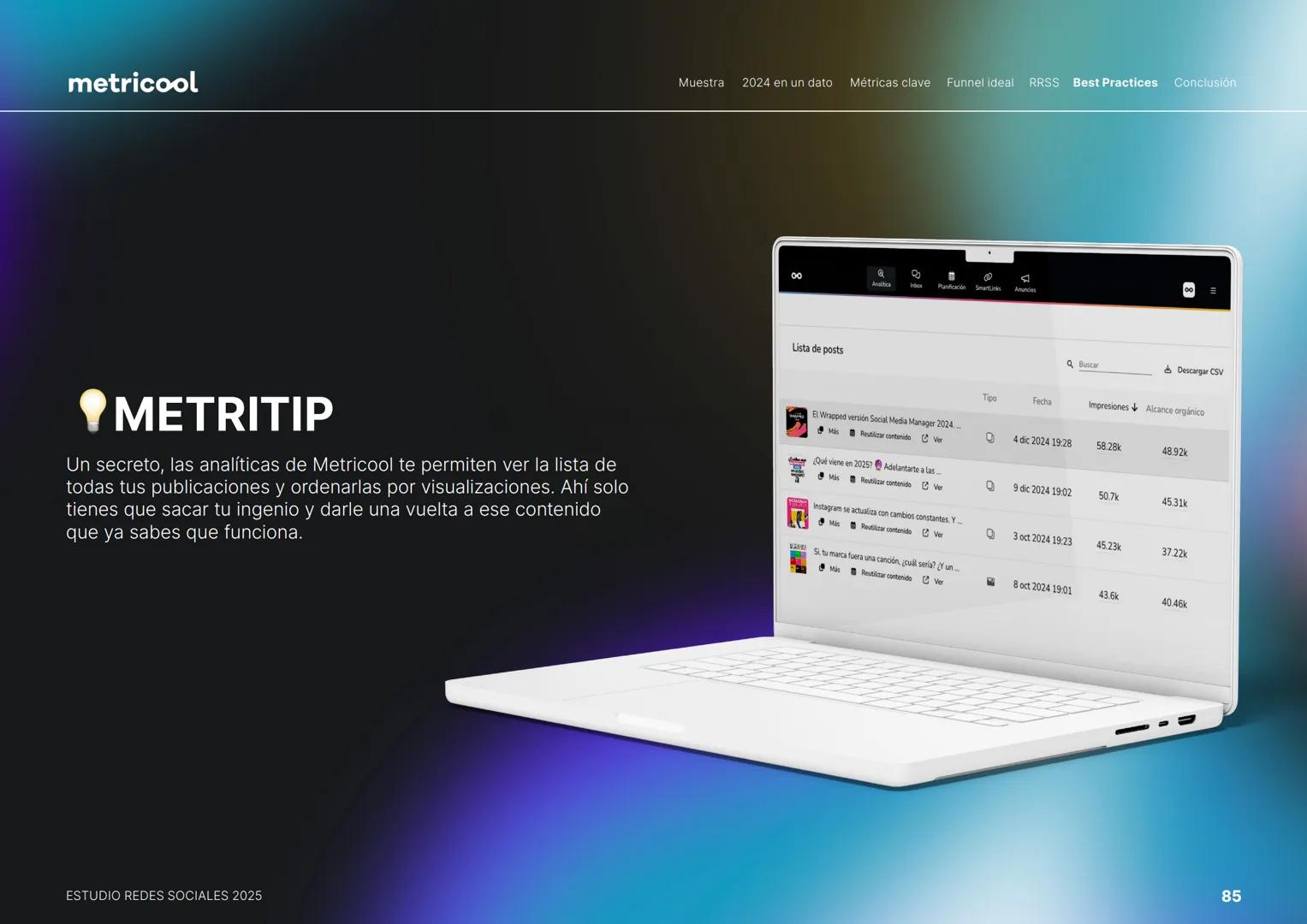 Estudio
REDES
SOCIALES
2025
metriccool metricool
¡Hola!
Somos
Metricool.
La herramienta que te ayuda a
planificar, publicar y medir tu
cont