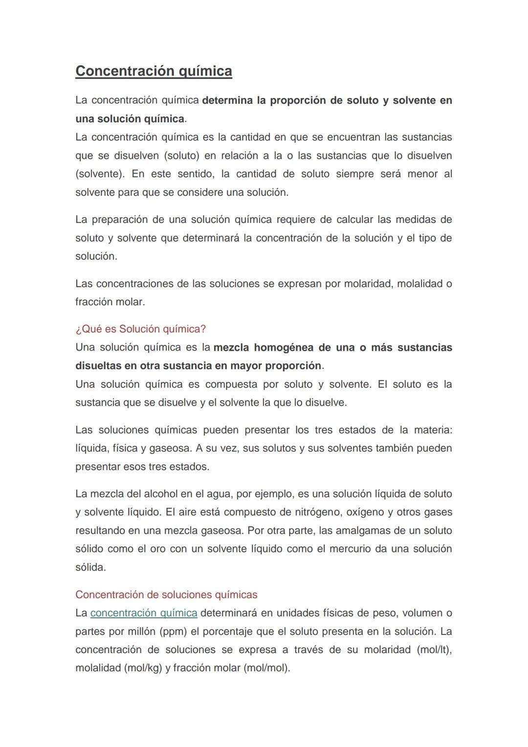 # Concentración química
La concentración química determina la proporción de soluto y solvente en
una solución química.
La concentración qu