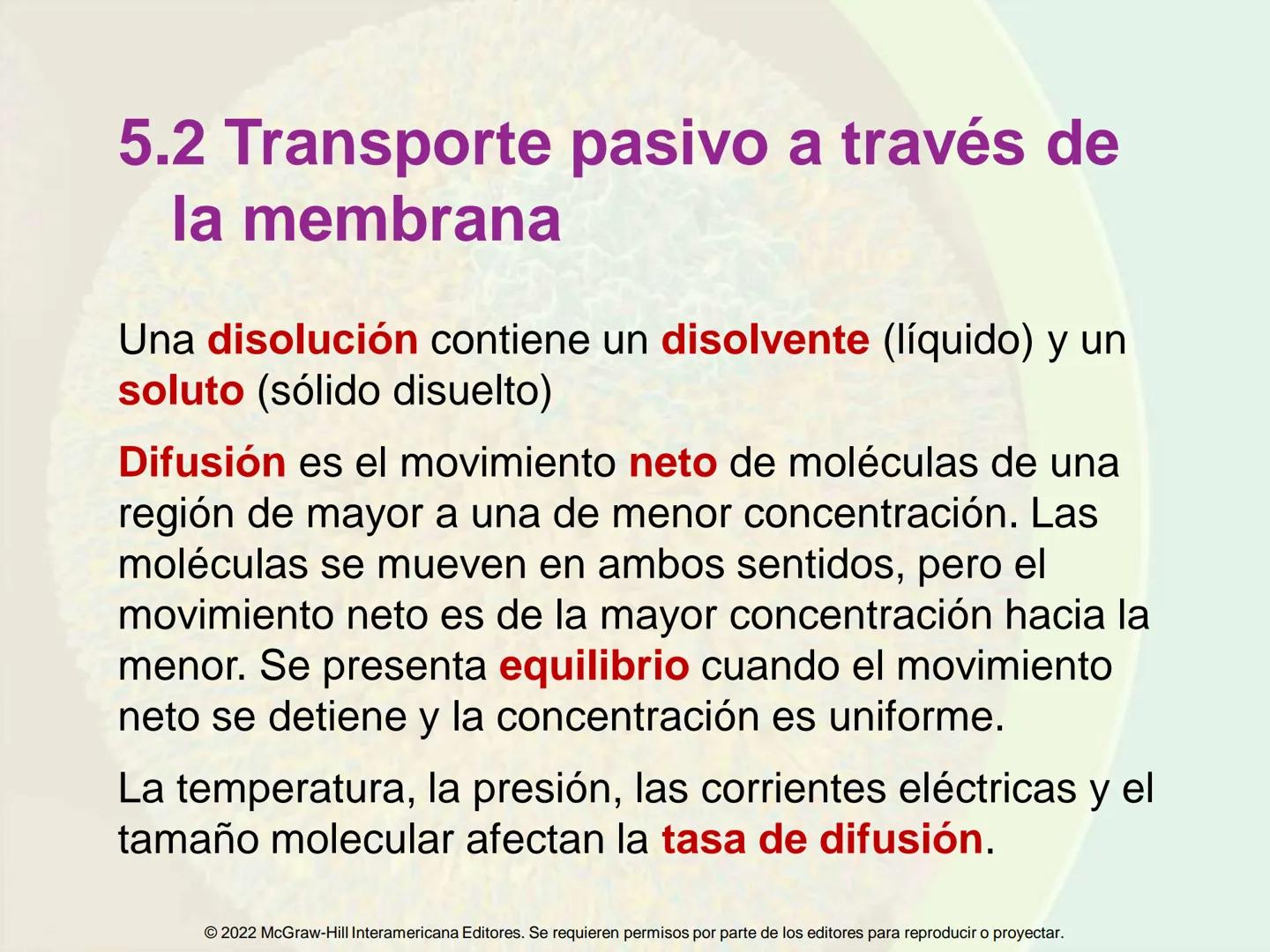 5
Estructura y función
de la membrana
5.1 Estructura y función de la
membrana plasmática
5.2 Transporte pasivo a través de la
membrana
5.3