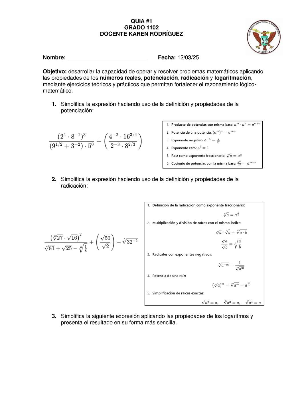 Números reales  potenciacion radicacion y logaritmaciòn