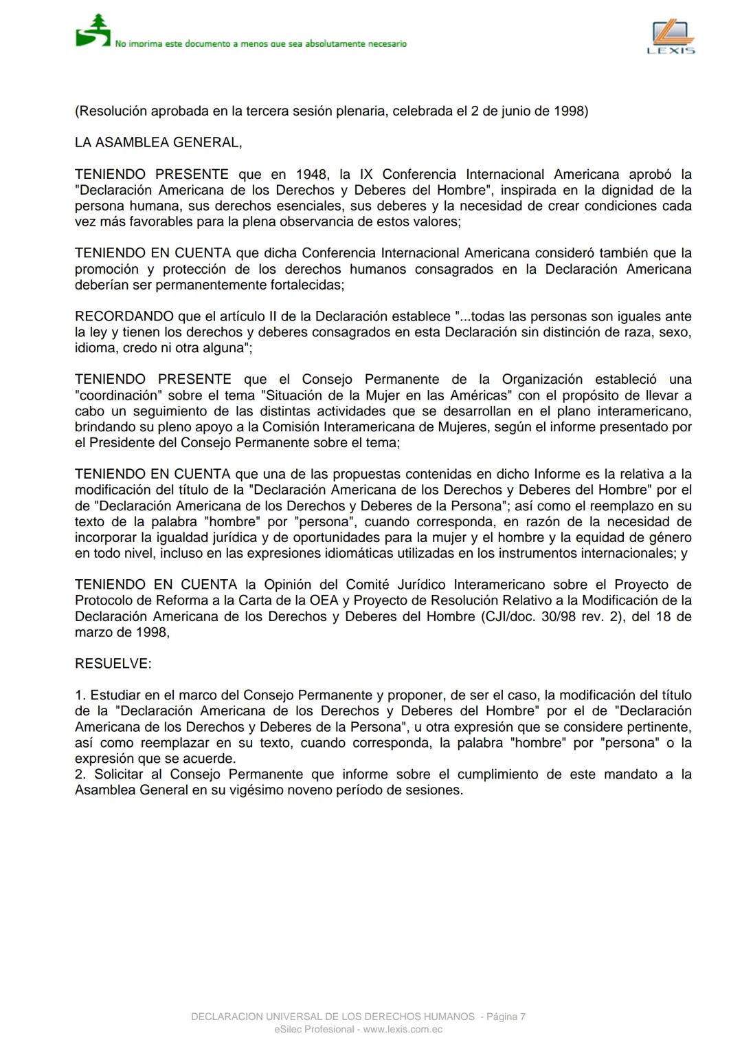 No imorima este documento a menos que sea absolutamente necesario
DECLARACION UNIVERSAL DE LOS DERECHOS
Convenio 0
HUMANOS
Registro Auténti