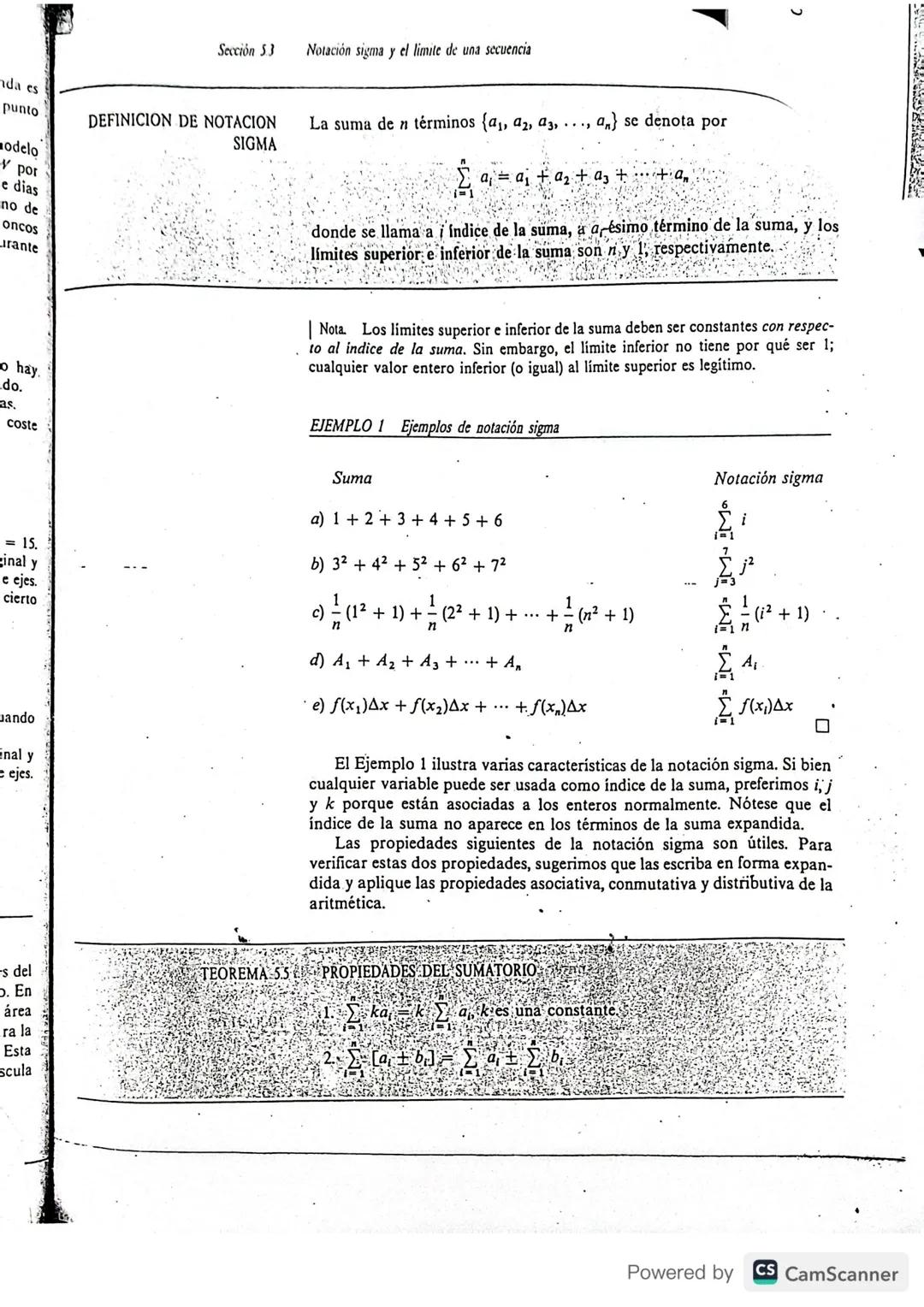 --- OCR Start ---
Sección 53
Notación sigma y el limite de una secuencia
La suma de n términos \{a_{1},a_{2},a_{3},...,a_{n}\} se denota por
