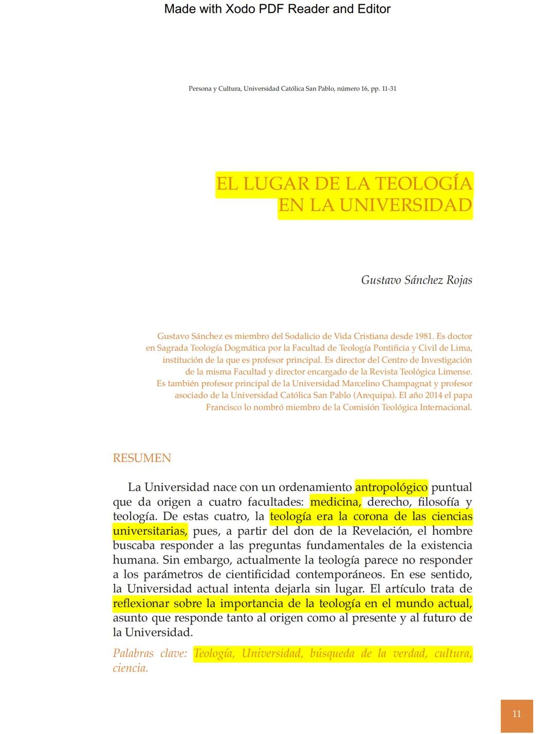 Made with Xodo PDF Reader and Editor
Persona y Cultura, Universidad Católica San Pablo, número 16, pp. 11-31
EL LUGAR DE LA TEOLOGÍA
EN LA U