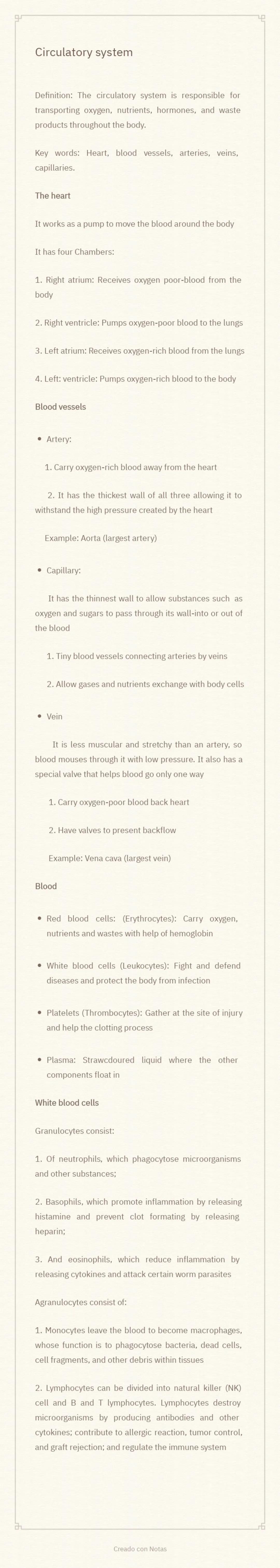 # Circulatory system
The beart
It has four Chamberic
1.
2. Right ventricle
thebo
Left:
Pamp
Blood vessels
* Artery
1. Canyong
2.