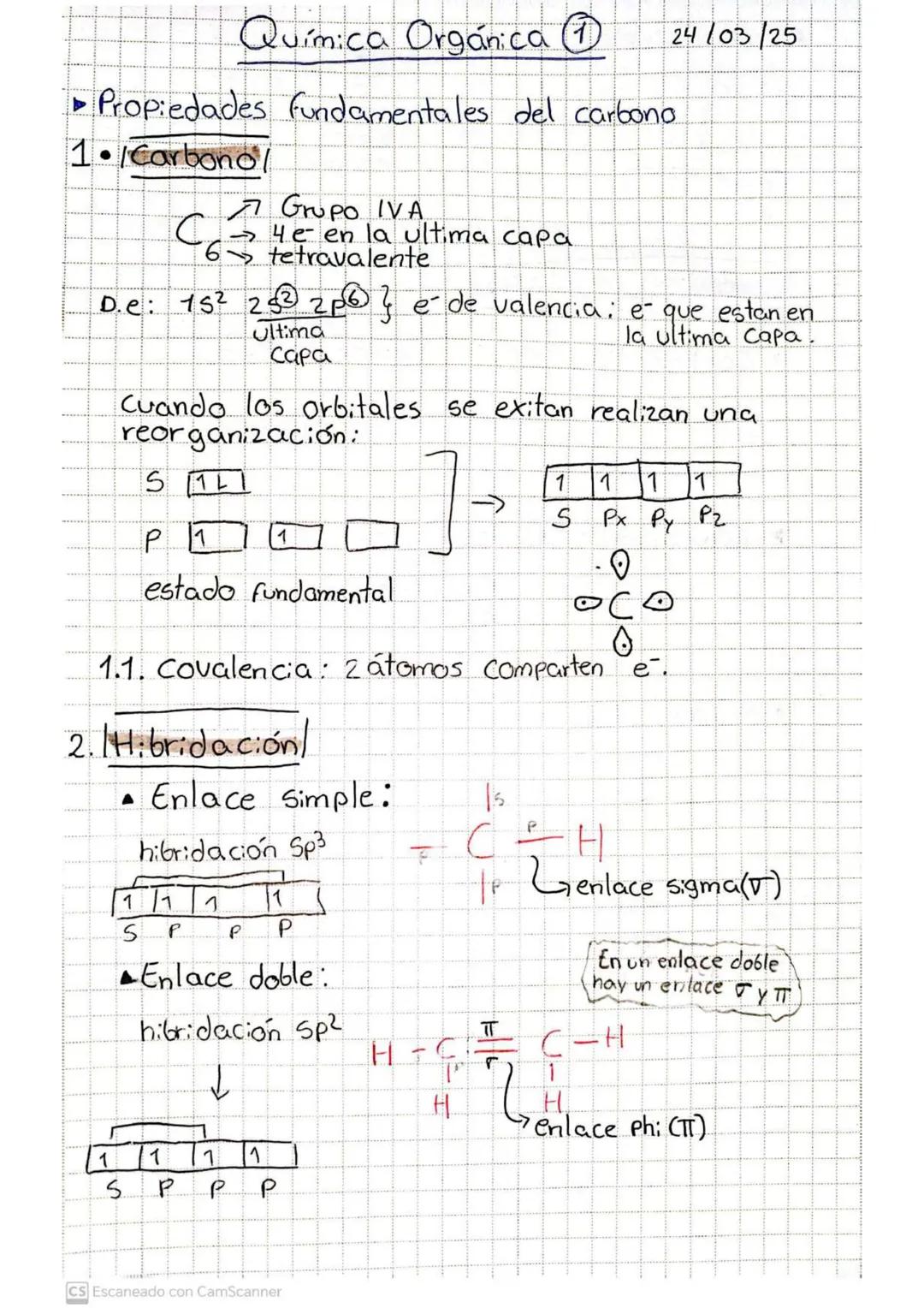 # Química Orgánica ①
24/03/25
►Propiedades fundamentales del carbono
1. *Carbono*
C → Grupo IVA
4 e en la ultima capa
6 → tetravalente
D.e: