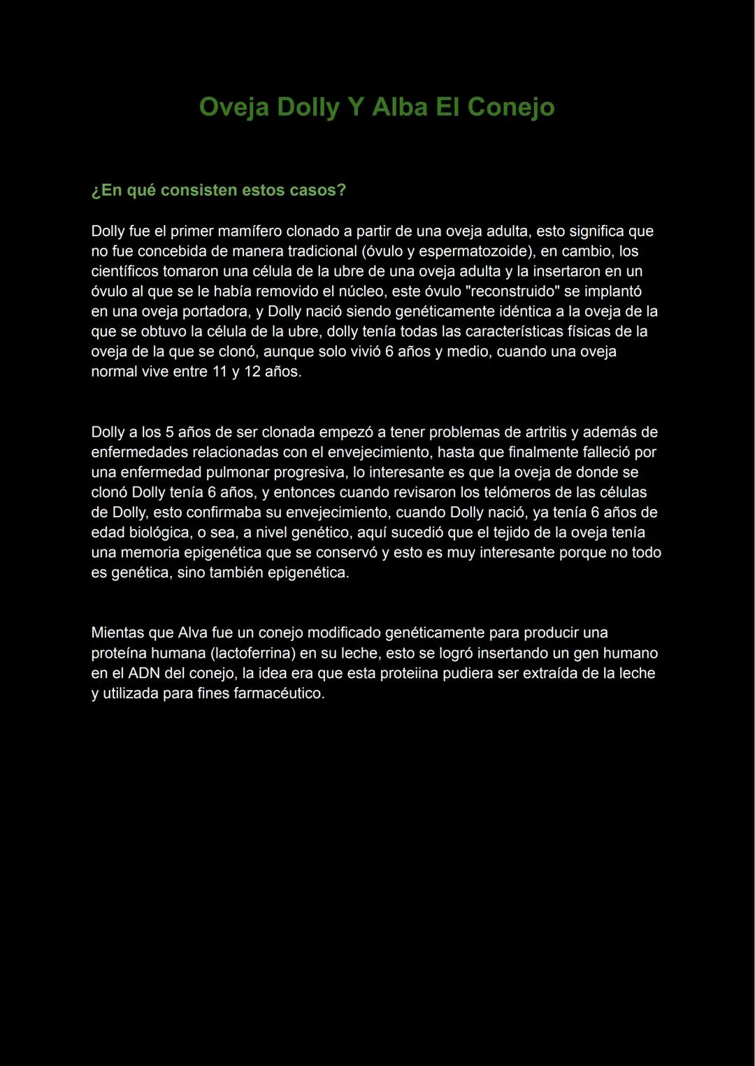 # Oveja Dolly Y Alba El Conejo
¿En qué consisten estos casos?
Dolly fue el primer mamífero clonado a partir de una oveja adulta, esto sign