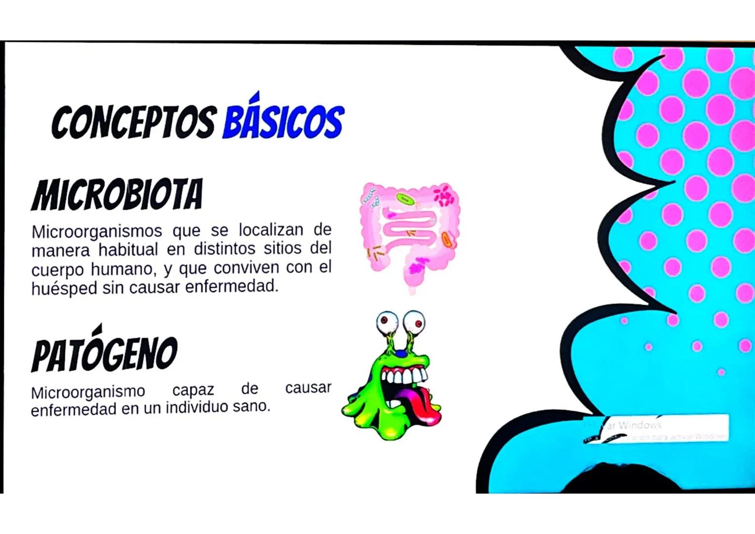 # CONCEPTOS BÁSICOS
# MICROBIOTA
Microorganismos que se localizan de
manera habitual en distintos sitios del
cuerpo humano, y que conviven