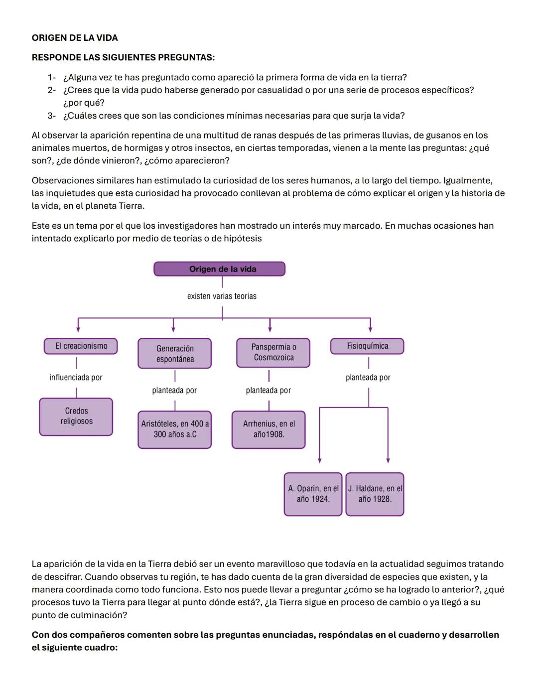 # ORIGEN DE LA VIDA
RESPONDE LAS SIGUIENTES PREGUNTAS:
1- ¿Alguna vez te has preguntado como apareció la primera forma de vida en la tierr