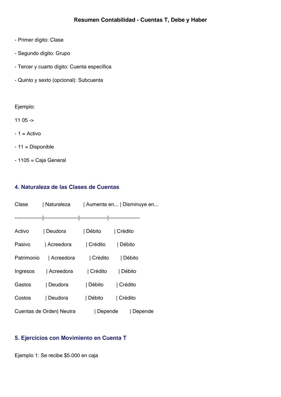 Resumen Contabilidad - Cuentas T, Debe y Haber
1. ¿Qué es una Cuenta T?
Una forma gráfica de representar el movimiento de una cuenta conta