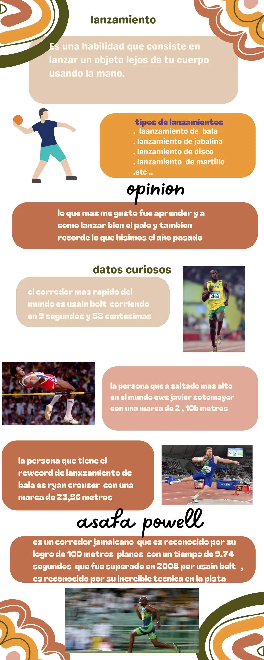 D
# ATLETISMO
el atletismo es un conjunto de 3
disiplinas las cuales se dividen en
correr, saltar y lanzar y estas a su
uez se dividen en 2