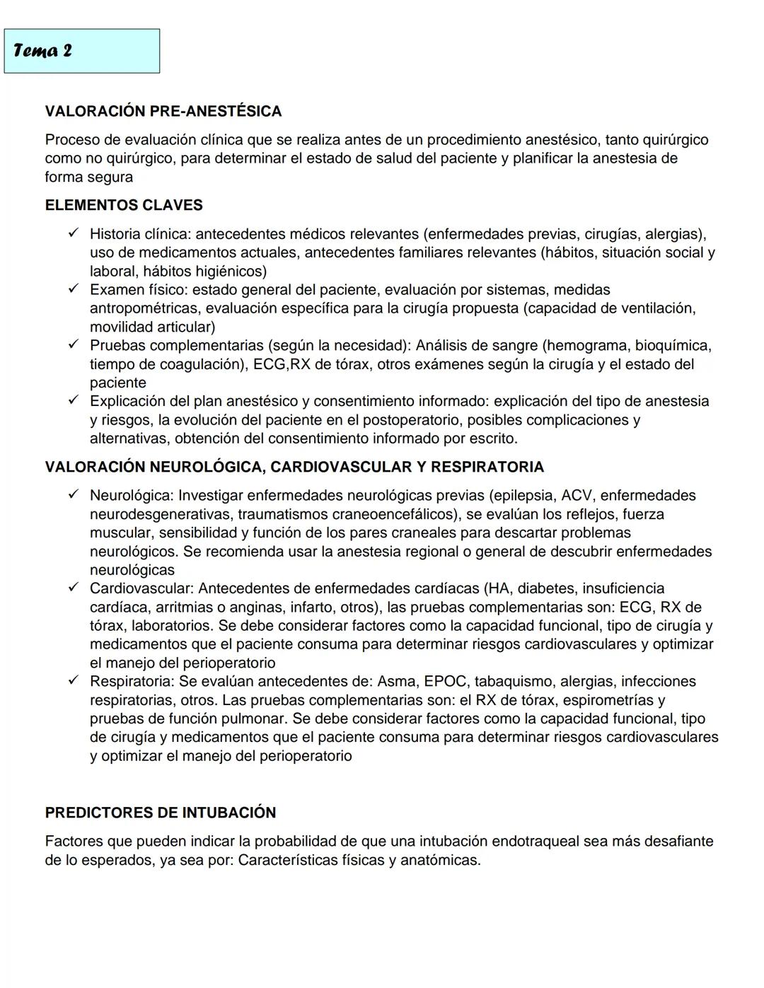 PARCIAL 2: VALORACIÓN
ANESTÉSICA
Tema 1
Anestesia: Es un estado en el que se pierde la conciencia mental y la percepción de otras
sensacione