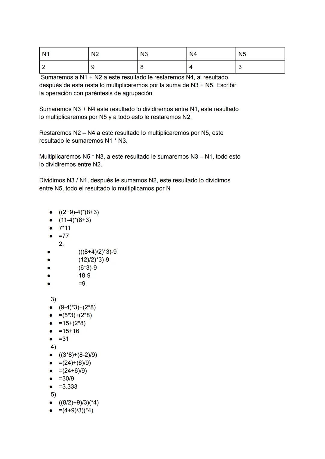 N1
2
N2
9
N3
8
N4
4
N5
3
Sumaremos a N1 N2 a este resultado le restaremos N4, al resultado
despues de esta resta lo multiplicaremos por la s