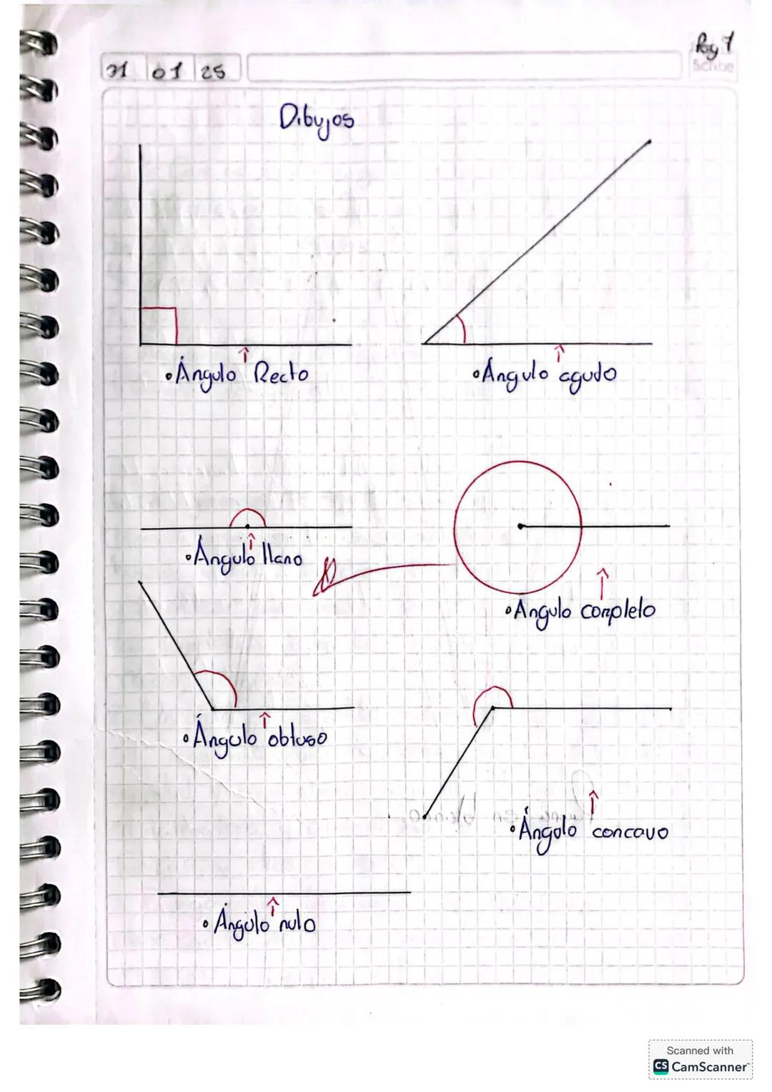 --- OCR Start ---
Ray 1
31 01 25
Scribe
Dibujos
个
•Angulo Recto
•Angulo agudo
•Angulo llano
•Ángulo obluso
•Angulo nulo
↑
•Angulo complelo
•