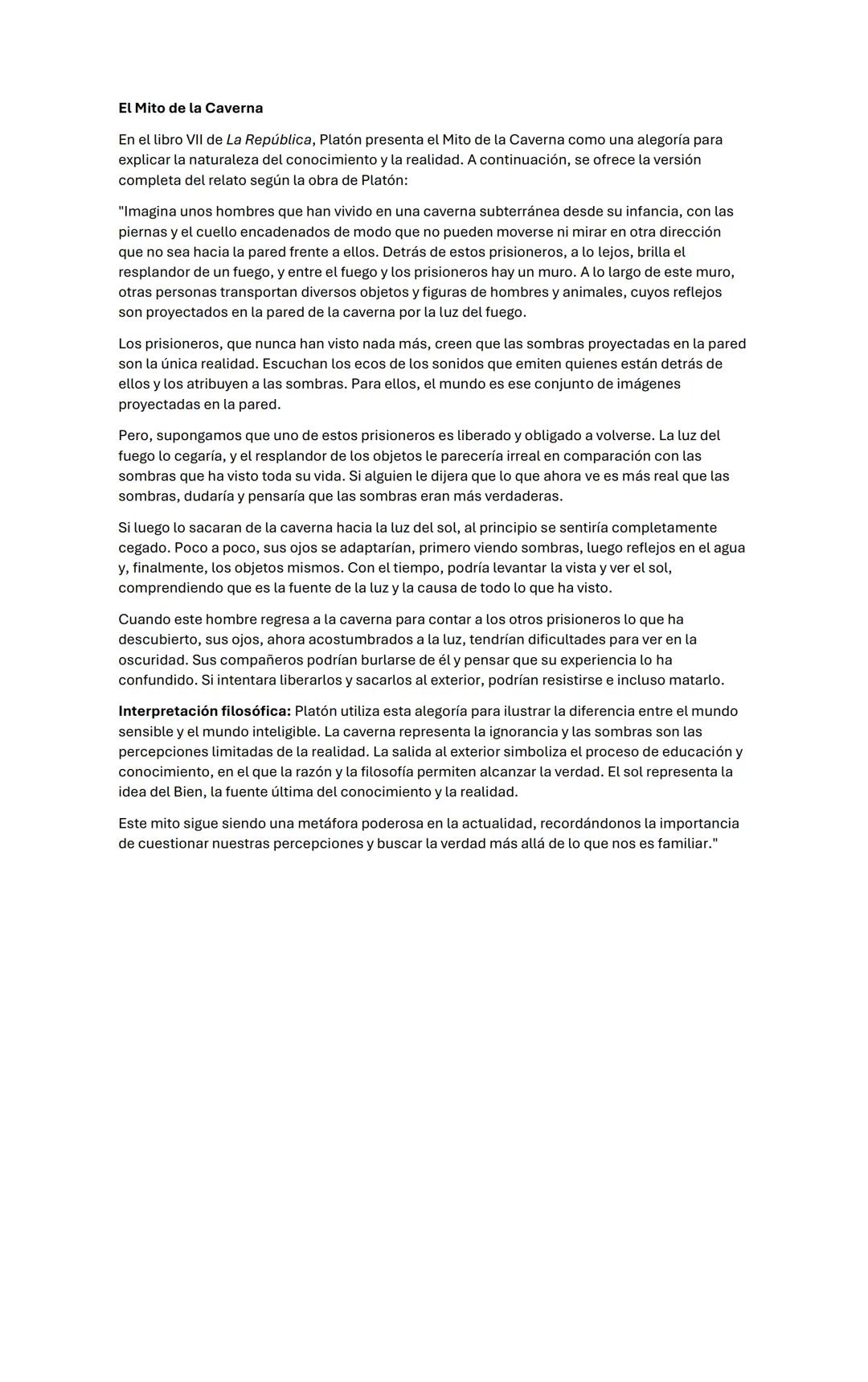 El Mito de la Caverna
En el libro VII de La República, Platón presenta el Mito de la Caverna como una alegoría para
explicar la naturaleza d