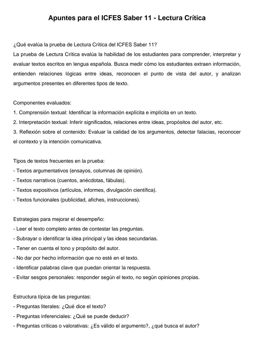 Apuntes para el ICFES Saber 11 - Lectura Crítica
¿Qué evalúa la prueba de Lectura Crítica del ICFES Saber 11?
La prueba de Lectura Crítica e