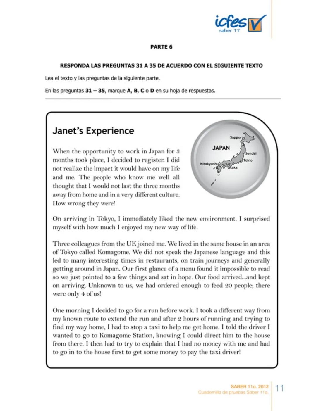 icfes
saber 11°
CUADERNILLO
DE PREGUNTAS
SABER 110. 2012
Cuadernillo de pruebas Saber 110.
Ministerio de
Educación Nacional
República de Col