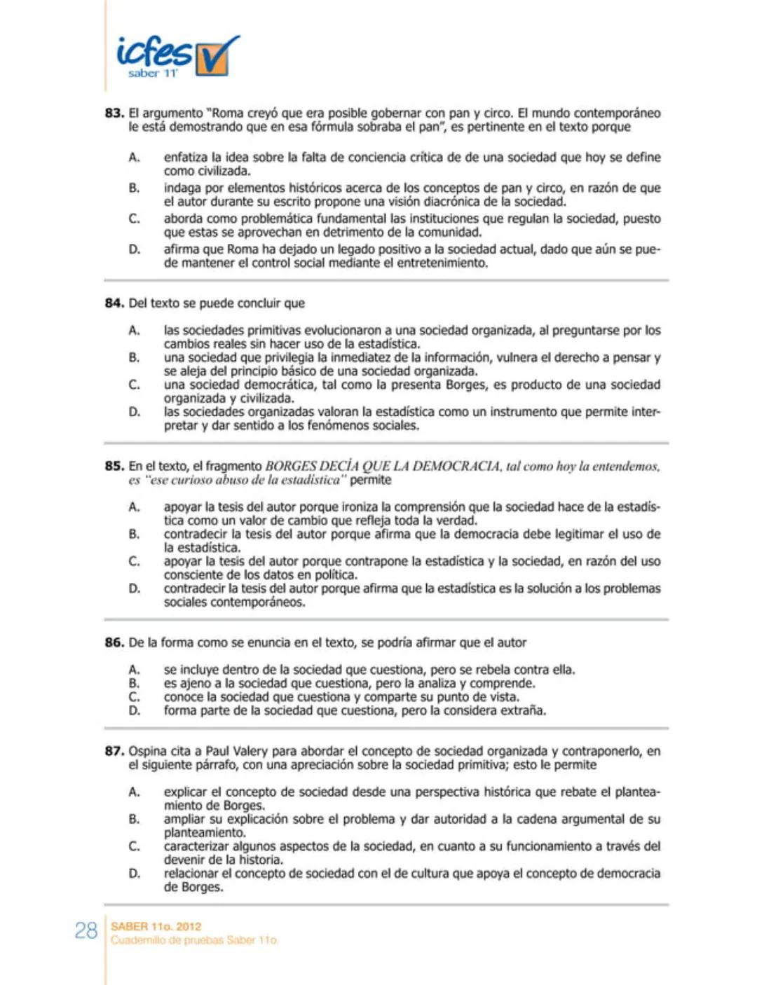 icfes
saber 11°
CUADERNILLO
DE PREGUNTAS
SABER 110. 2012
Cuadernillo de pruebas Saber 110.
Ministerio de
Educación Nacional
República de Col