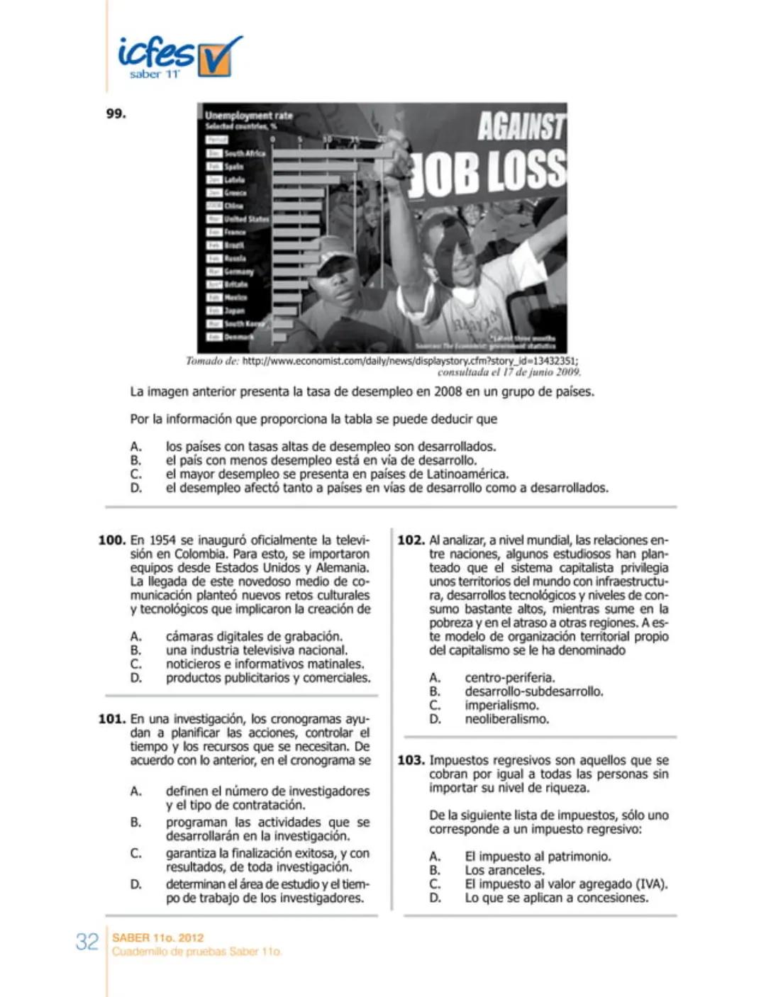 icfes
saber 11°
CUADERNILLO
DE PREGUNTAS
SABER 110. 2012
Cuadernillo de pruebas Saber 110.
Ministerio de
Educación Nacional
República de Col