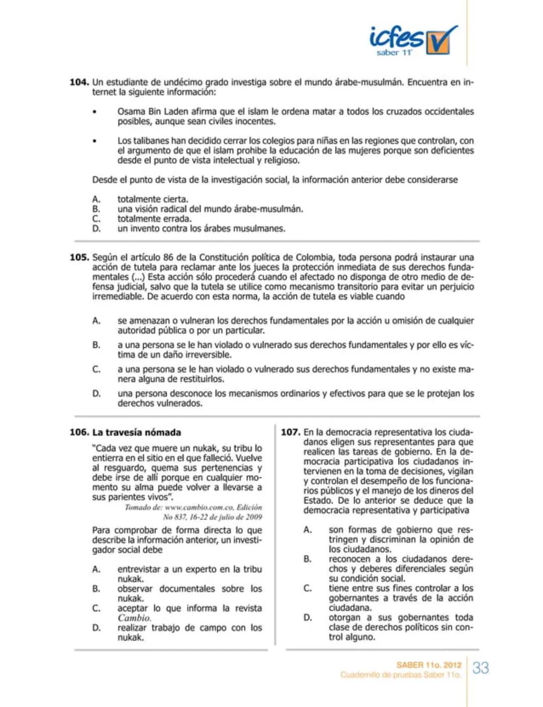 icfes
saber 11°
CUADERNILLO
DE PREGUNTAS
SABER 110. 2012
Cuadernillo de pruebas Saber 110.
Ministerio de
Educación Nacional
República de Col