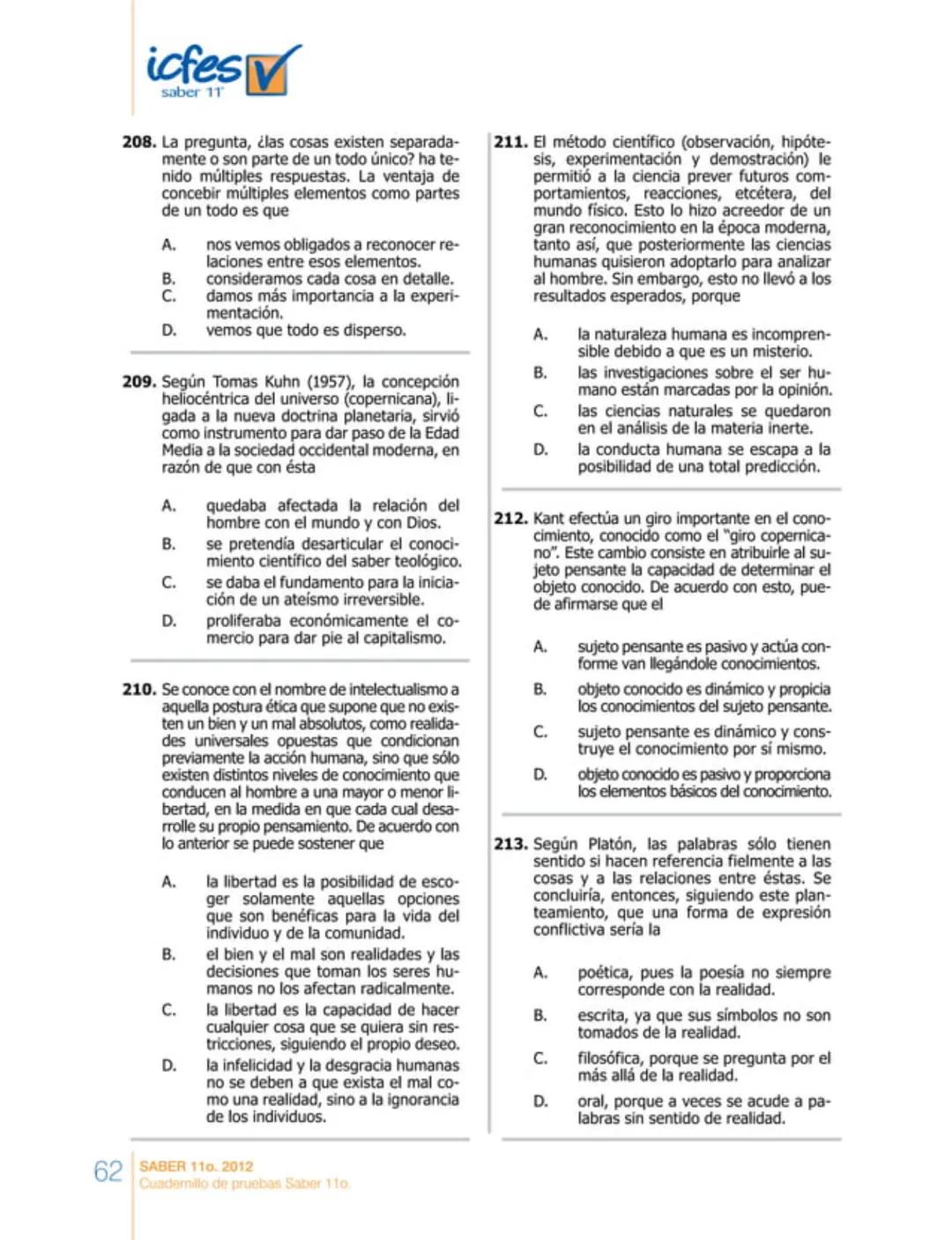 icfes
saber 11°
CUADERNILLO
DE PREGUNTAS
SABER 110. 2012
Cuadernillo de pruebas Saber 110.
Ministerio de
Educación Nacional
República de Col