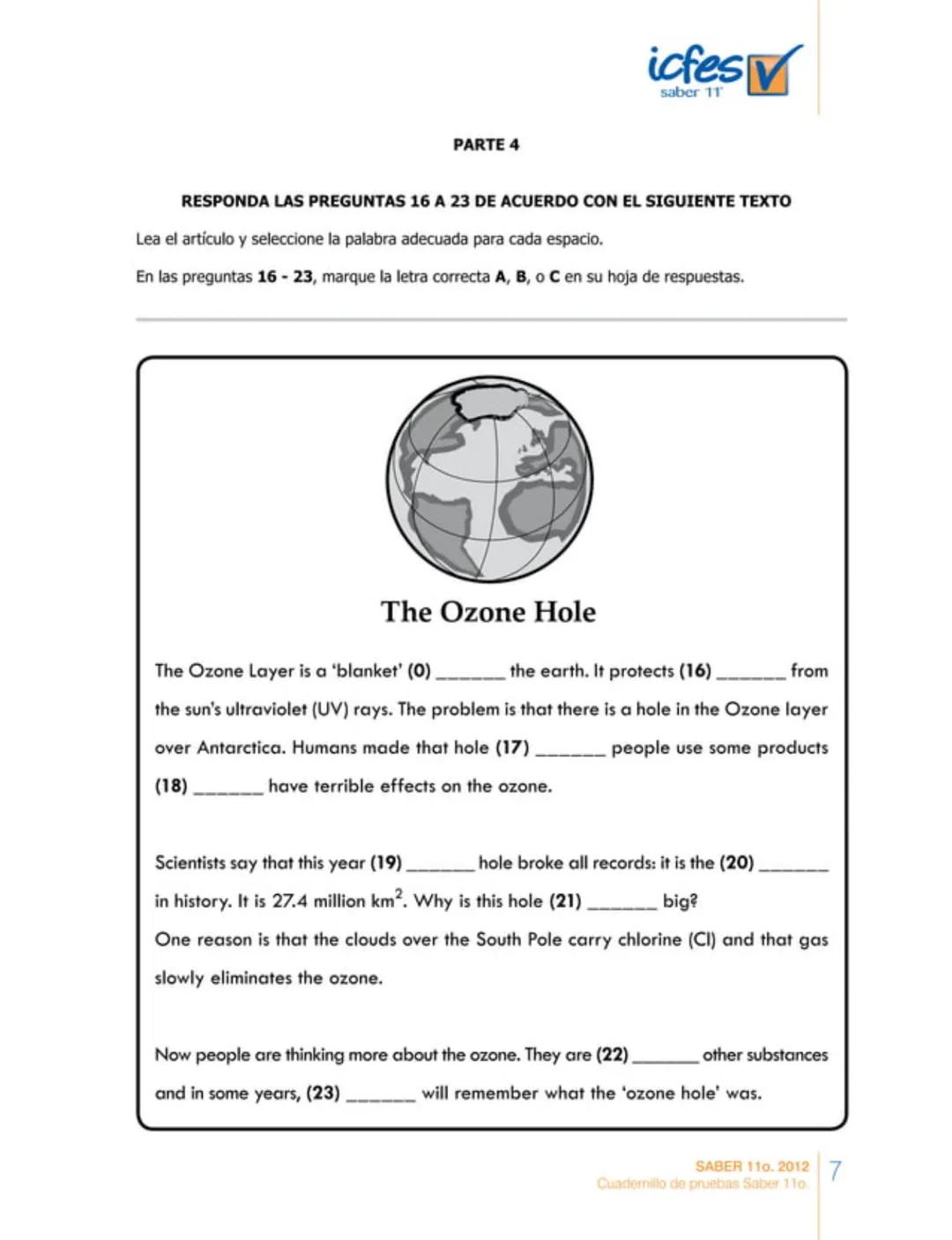 icfes
saber 11°
CUADERNILLO
DE PREGUNTAS
SABER 110. 2012
Cuadernillo de pruebas Saber 110.
Ministerio de
Educación Nacional
República de Col
