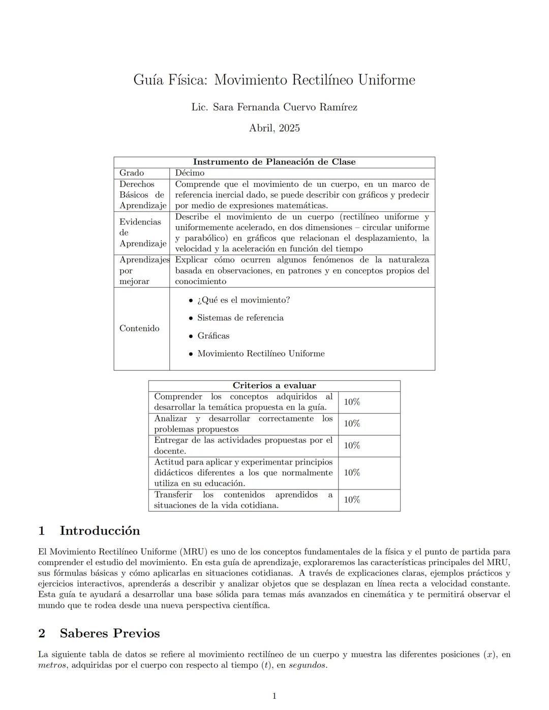 Guía Física: Movimiento Rectilíneo Uniforme
Lic. Sara Fernanda Cuervo Ramírez
Abril. 2025
Instrumento de Planeación de Clase
Grado
Décimo
De