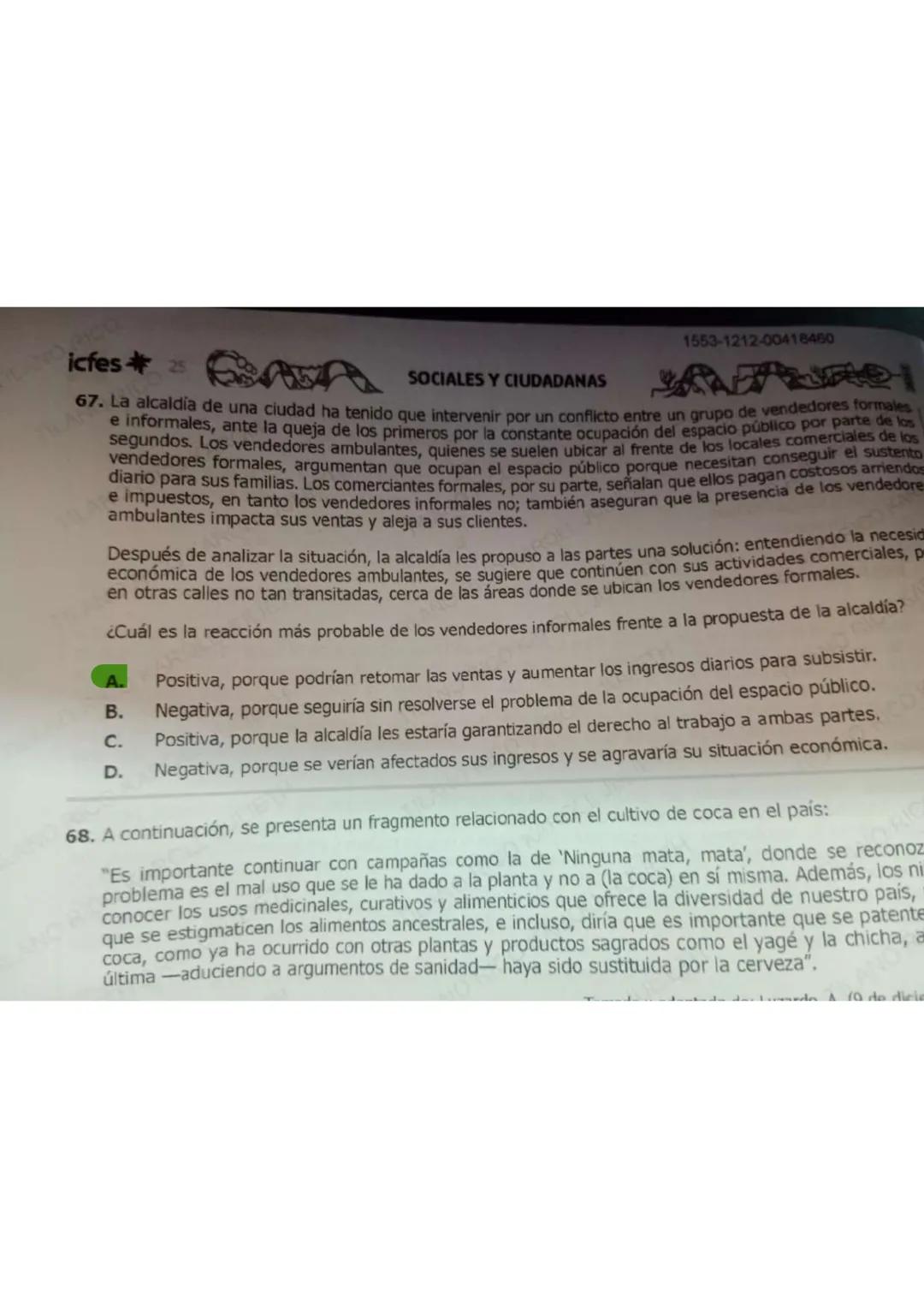 17/35
1553-1012-00418448
Saber 11 - Sociales y Ciudadanas
81. Después de que se decreta un alza en los impuestos en una zona rural, la cual,