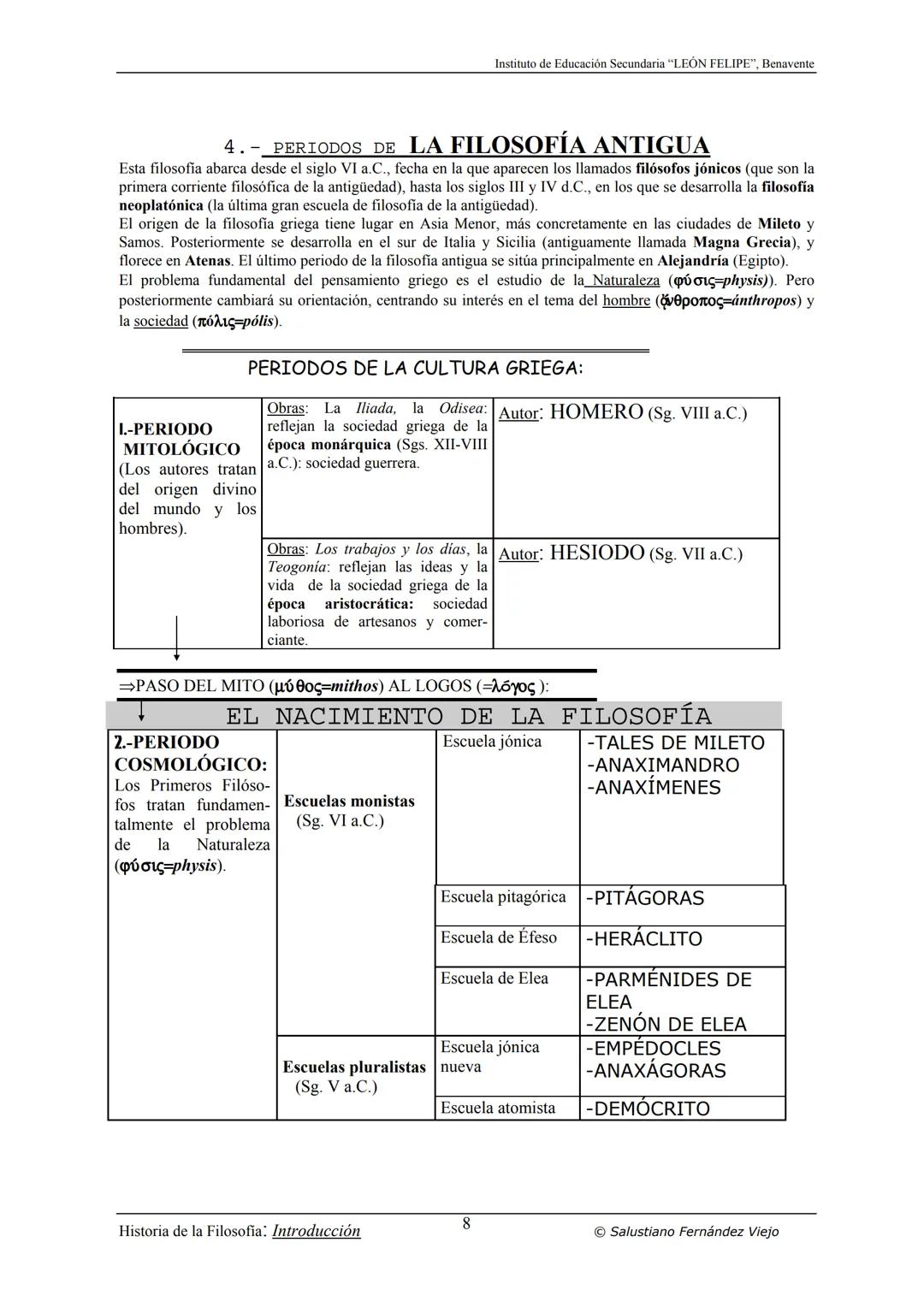HISTORIA
DE LA
FILOSOFÍA
por Salustiano Fernández Viejo
► INSTITUTO DE EDUCACIÓN SECUNDARIA "LEÓN FELIPE"
DE BENAVENTE
◆ DEPARTAMENTO DE FIL