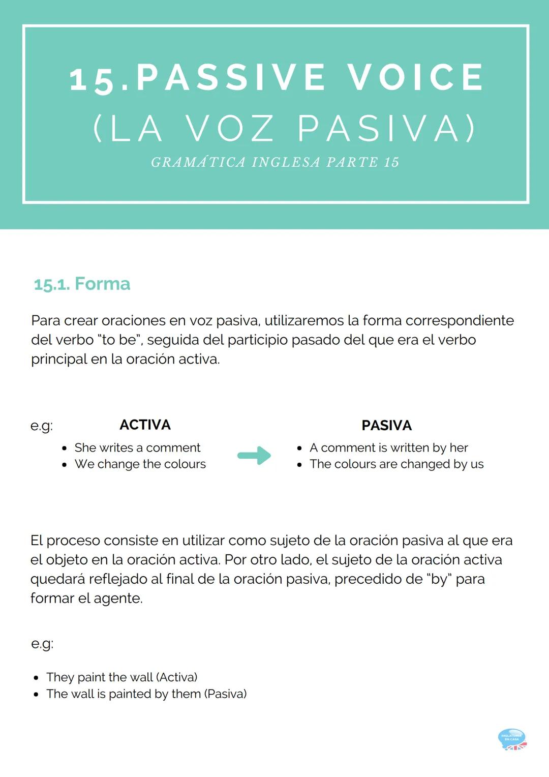 15.PASSIVE VOICE
(LA VOZ PASIVA)
GRAMÁTICA INGLESA PARTE 15
15.1. Forma
Para crear oraciones en voz pasiva, utilizaremos la forma correspond