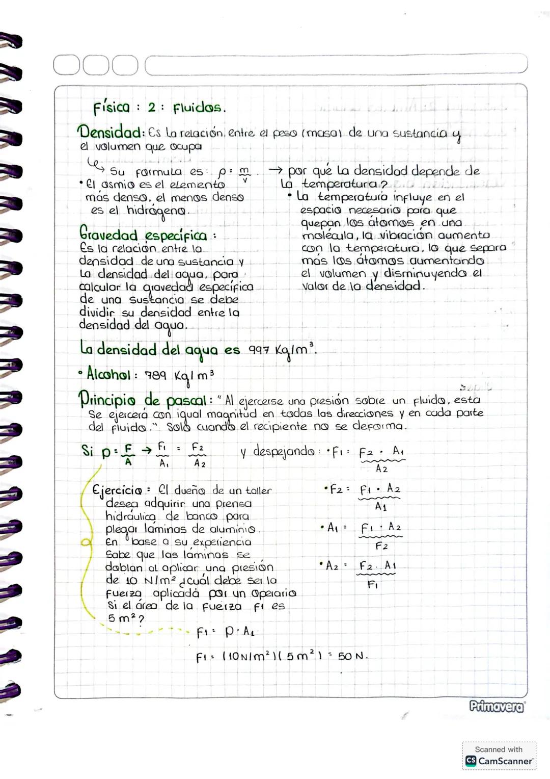 0000
Física 2: Fluidos.
Densidad: Es La relación, entre el peso (masal de una sustancia y
el volumen que ocupa
Su formula es: p = m → por qu
