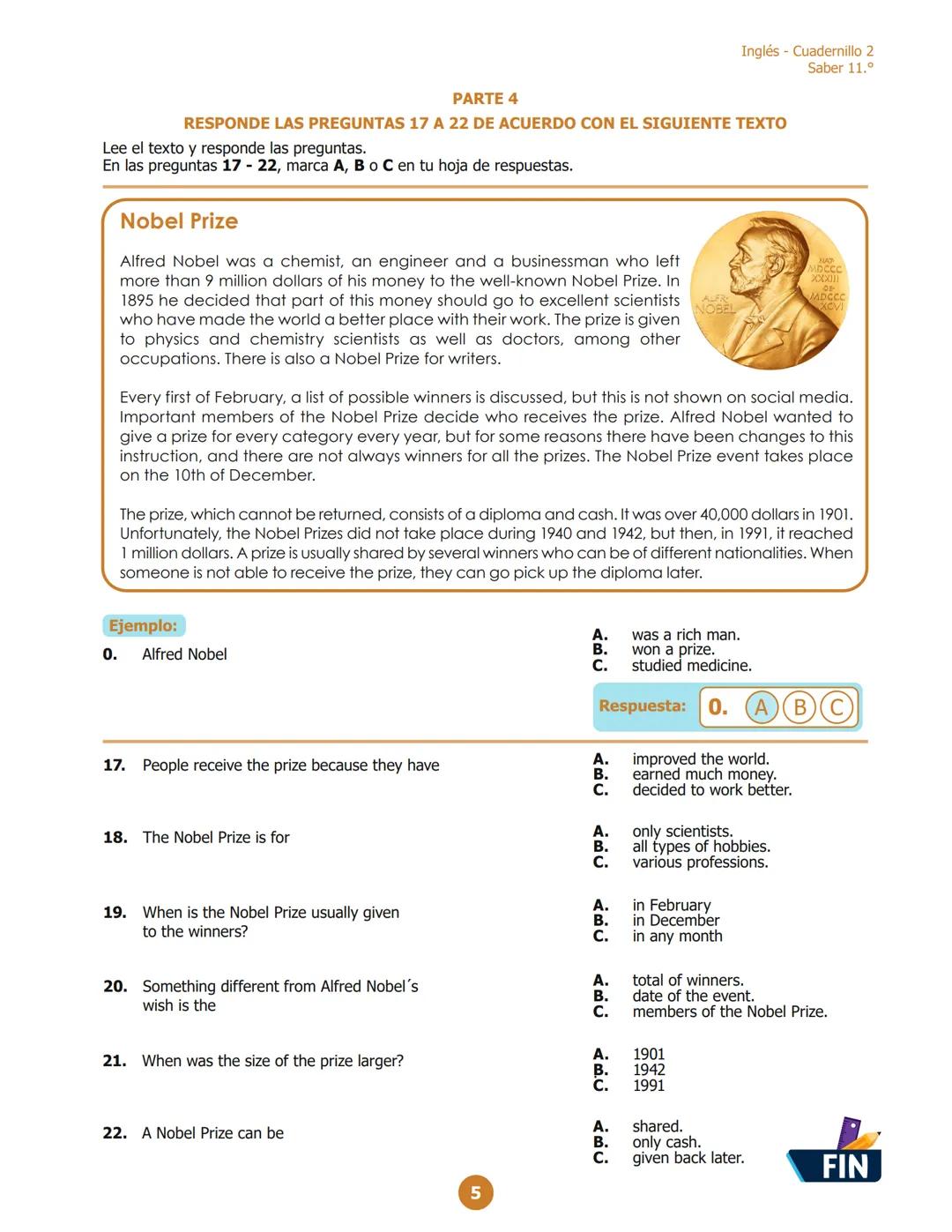 Inglés - Cuadernillo 1
Saber 11.º
PARTE 2
RESPONDE LAS PREGUNTAS 6 A 10 DE ACUERDO CON EL EJEMPLO
¿Dónde puedes ver estos avisos?
En las pre