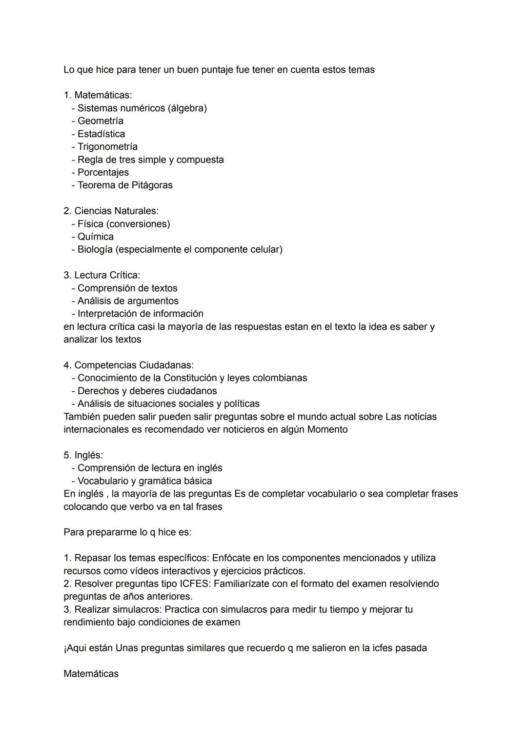 Temas y preguntas en especifico que hice para presentar las icfes