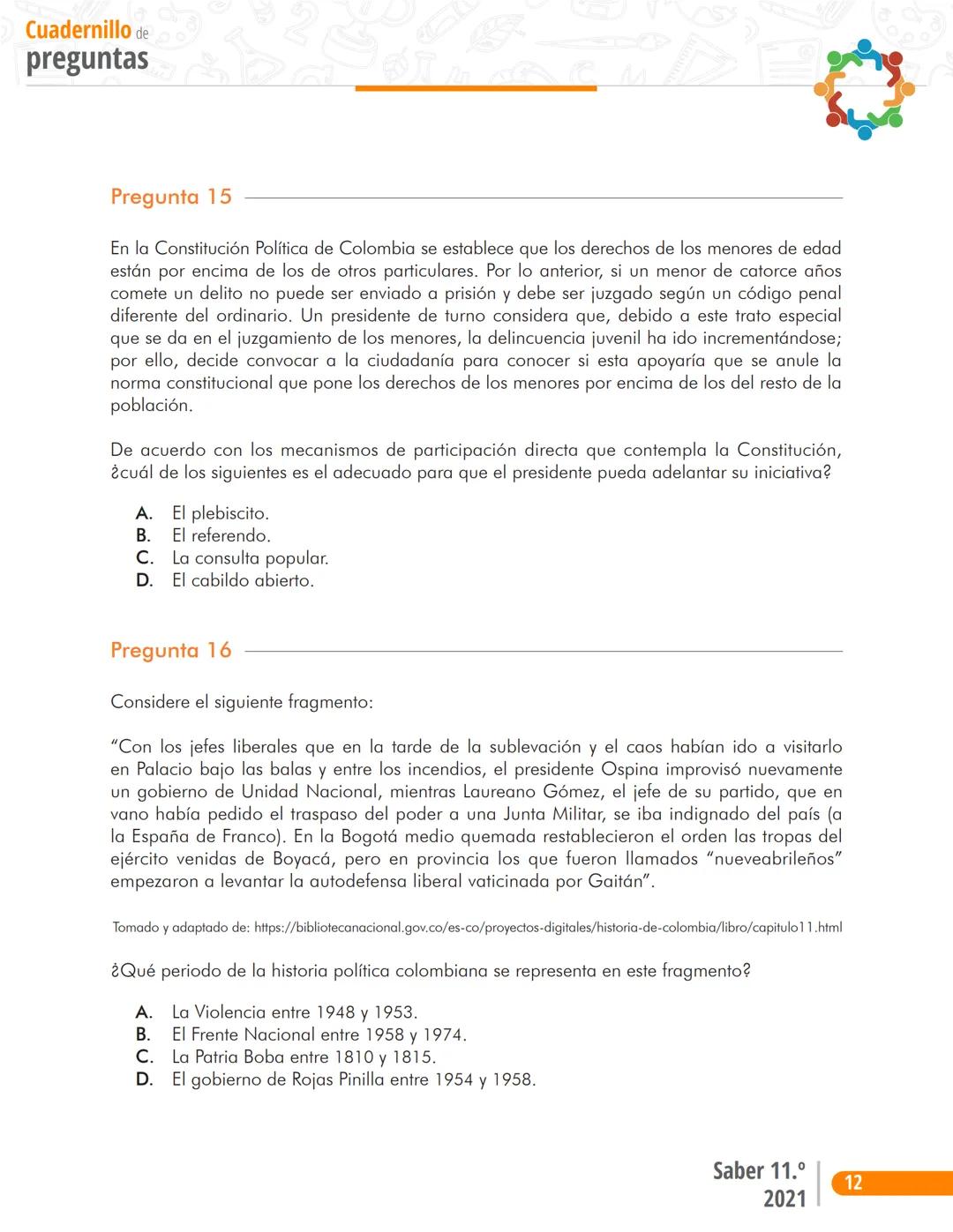 Pruebas Saber 11°
Prueba
Sociales y Ciudadanas
Cuadernillo de preguntas
Saber 11.°
Icfes ```
Presidente de la República
Iván Duque Márque