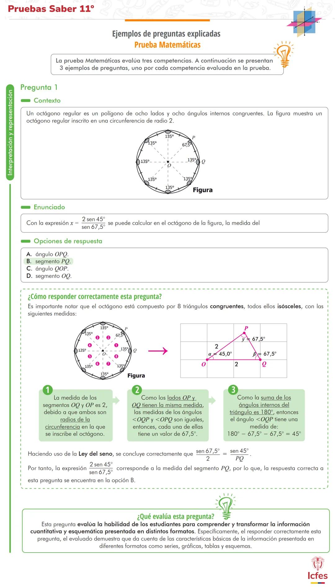 Interpretación y representación
Pruebas Saber 11°
Ejemplos de preguntas explicadas
Prueba Matemáticas
La prueba Matemáticas evalúa tres comp