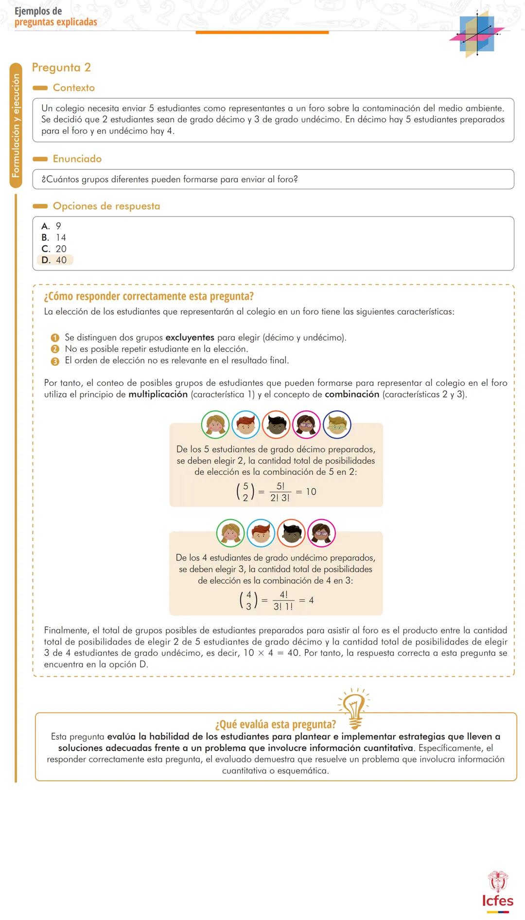 Interpretación y representación
Pruebas Saber 11°
Ejemplos de preguntas explicadas
Prueba Matemáticas
La prueba Matemáticas evalúa tres comp