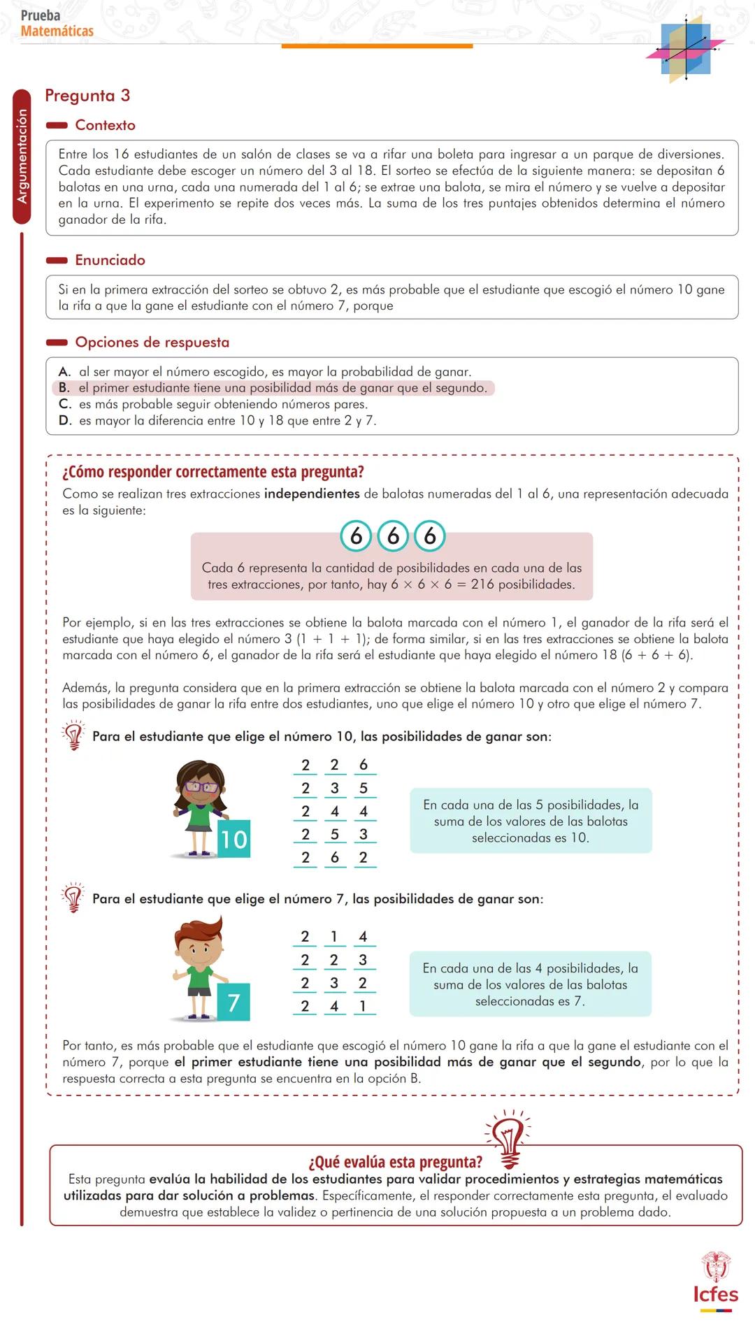 Interpretación y representación
Pruebas Saber 11°
Ejemplos de preguntas explicadas
Prueba Matemáticas
La prueba Matemáticas evalúa tres comp