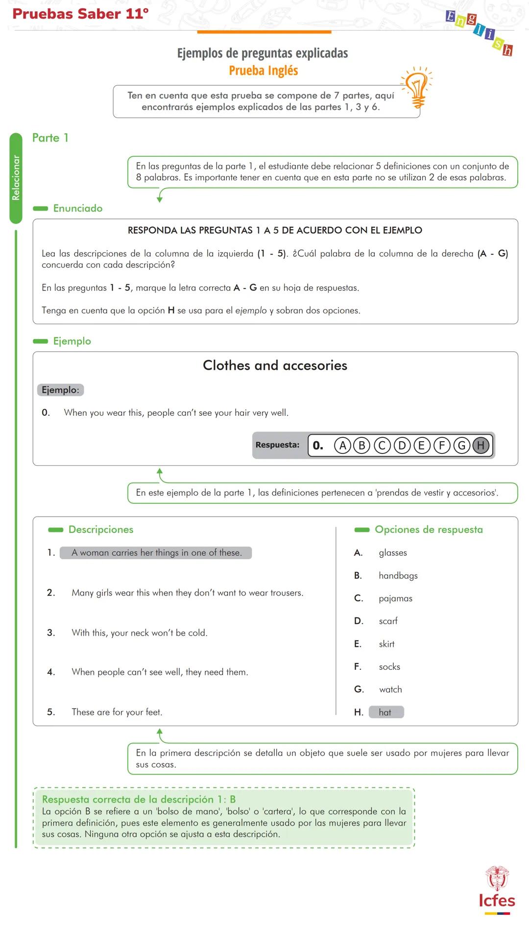 --- OCR Start ---
Relacionar
Pruebas Saber 11°
Parte 1
Enunciado
Ejemplos de preguntas explicadas
Prueba Inglés
Ten en cuenta que esta prueb