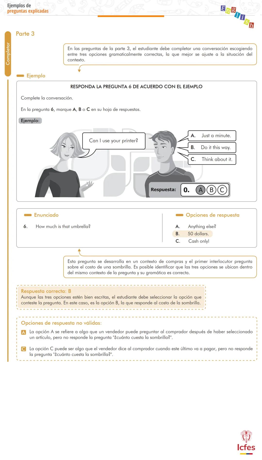 --- OCR Start ---
Relacionar
Pruebas Saber 11°
Parte 1
Enunciado
Ejemplos de preguntas explicadas
Prueba Inglés
Ten en cuenta que esta prueb