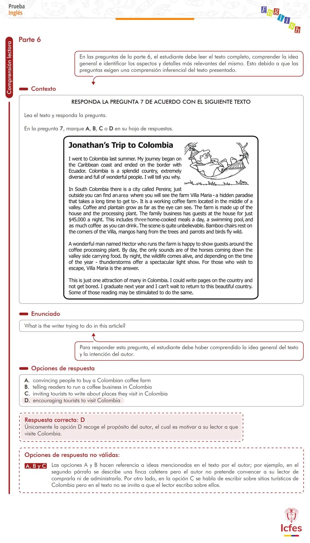 --- OCR Start ---
Relacionar
Pruebas Saber 11°
Parte 1
Enunciado
Ejemplos de preguntas explicadas
Prueba Inglés
Ten en cuenta que esta prueb