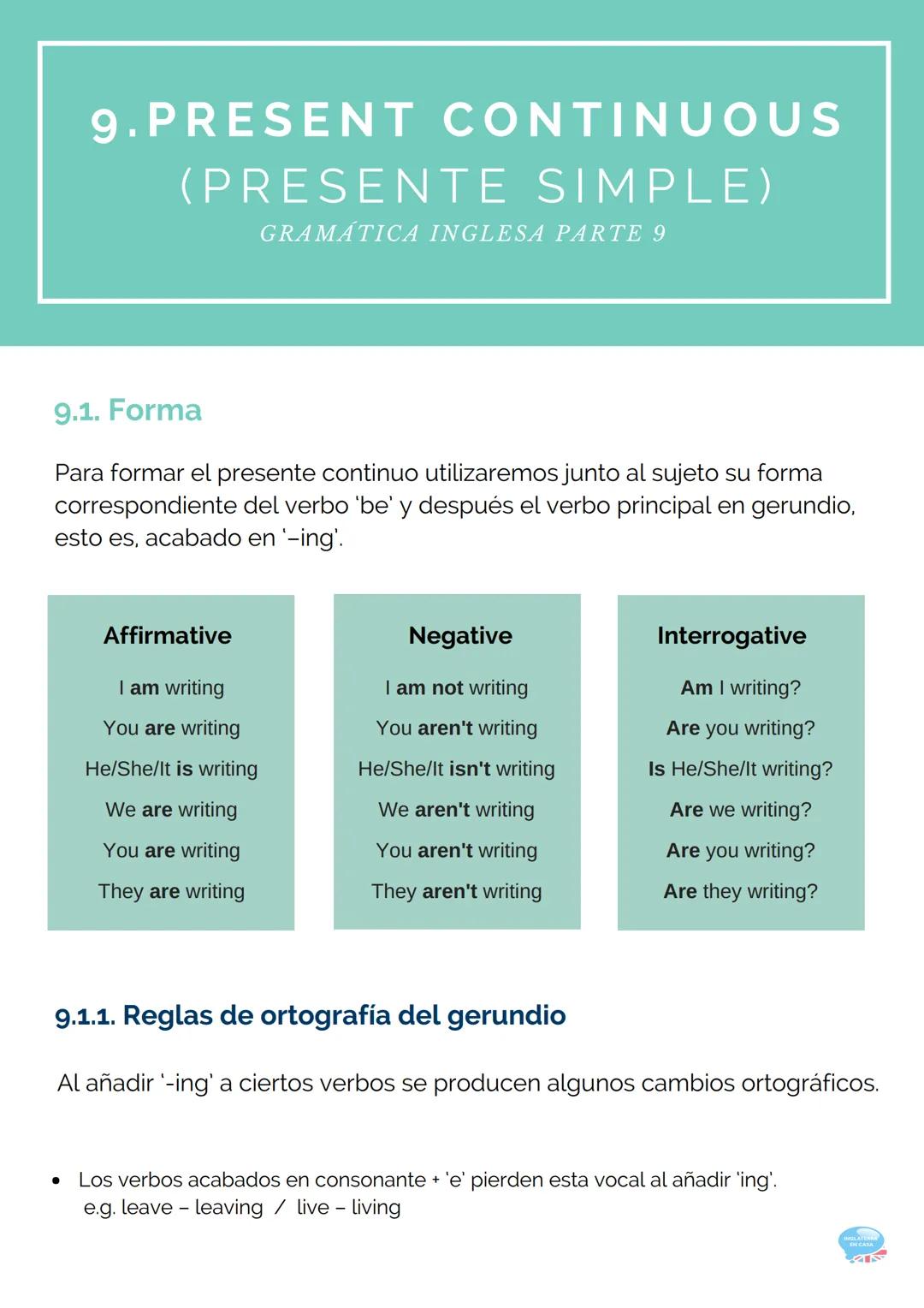 9.PRESENT CONTINUOUS
(PRESENTE SIMPLE)
GRAMÁTICA INGLESA PARTE 9
9.1. Forma
Para formar el presente continuo utilizaremos junto al sujeto su